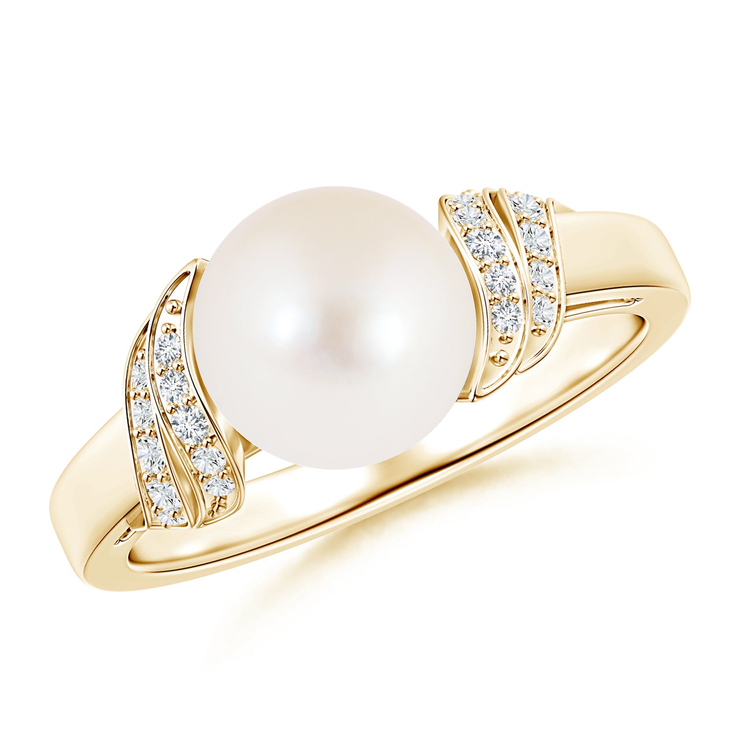 8mm AAA Freshwater Pearl and Diamond Swirl Ring in Yellow Gold