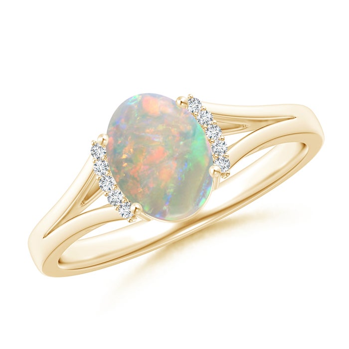 8x6mm AAAA Oval Opal Split Shank Ring with Diamond Collar in Yellow Gold