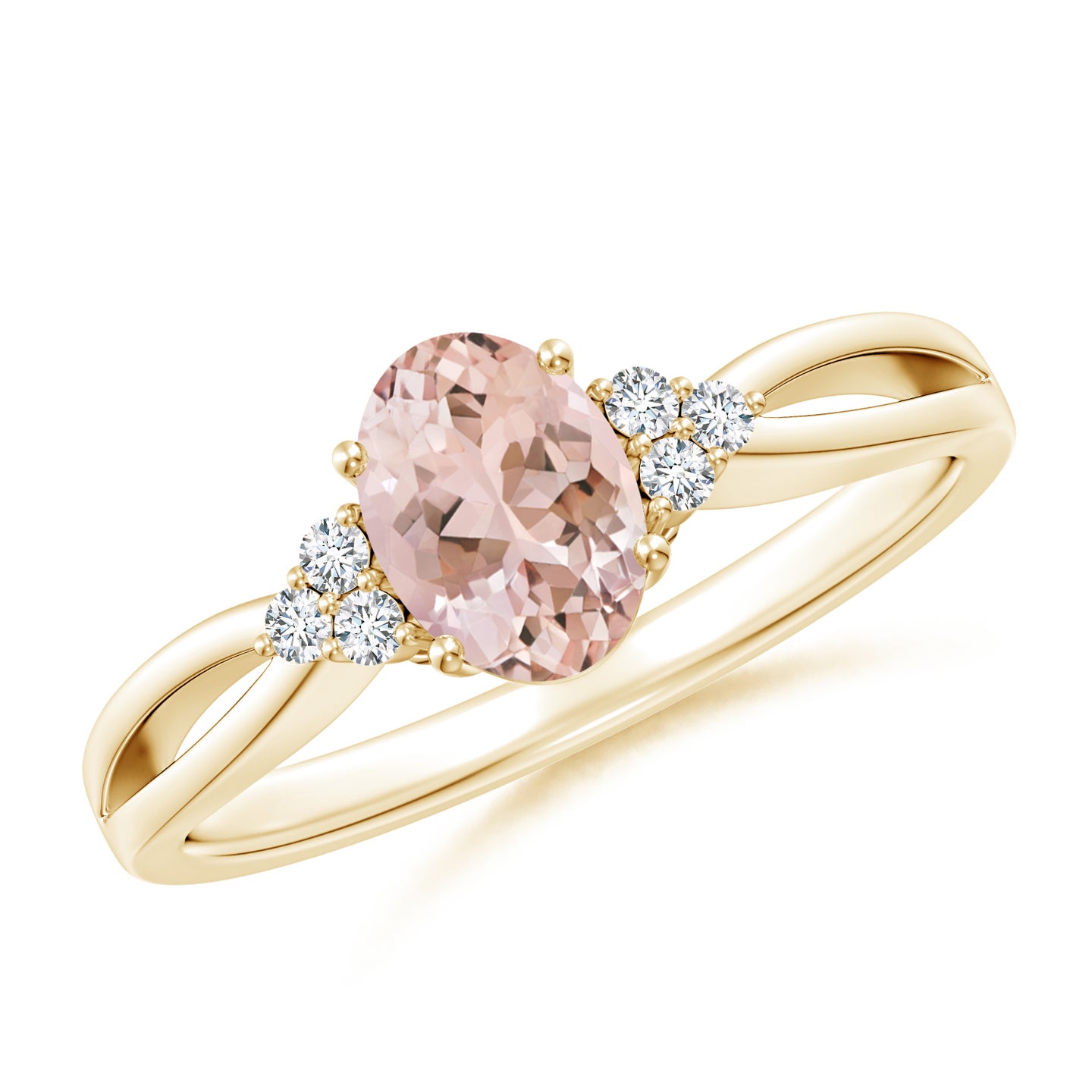 7x5mm AAAA Solitaire Oval Morganite Split Shank Ring with Trio Diamonds in Yellow Gold 7x5mm AAAA Solitaire Oval Morganite Split Shank Ring with Trio Diamonds in Yellow Gold