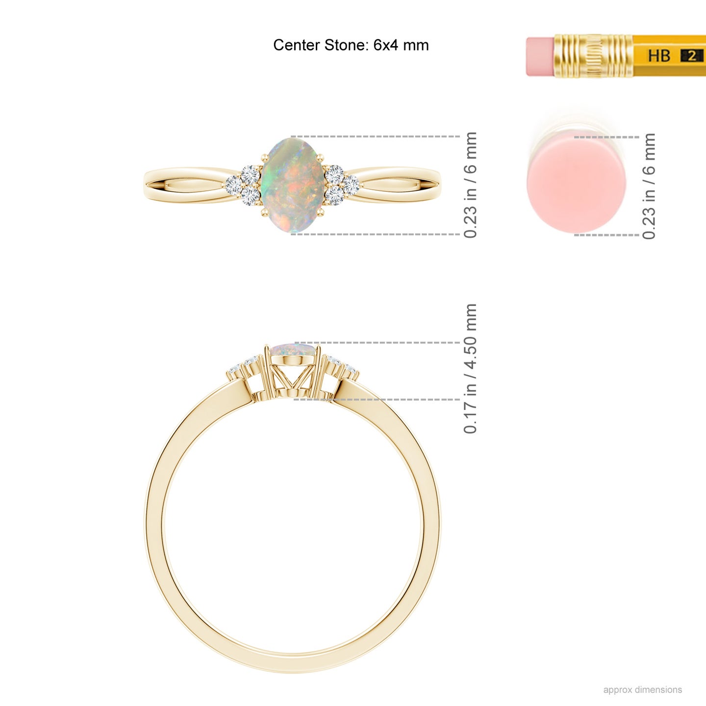 6x4mm AAAA Solitaire Oval Opal Split Shank Ring with Trio Diamonds in Yellow Gold
