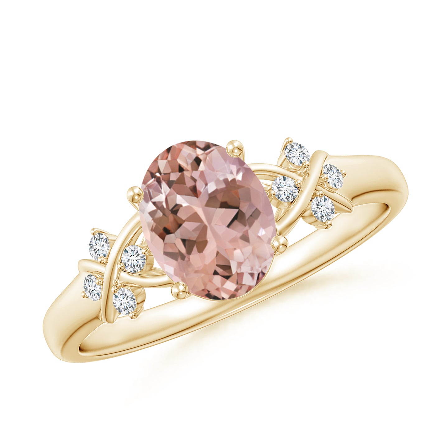 8x6mm AAAA Solitaire Oval Morganite Criss Cross Ring with Diamonds in Yellow Gold 8x6mm AAAA Solitaire Oval Morganite Criss Cross Ring with Diamonds in Yellow Gold