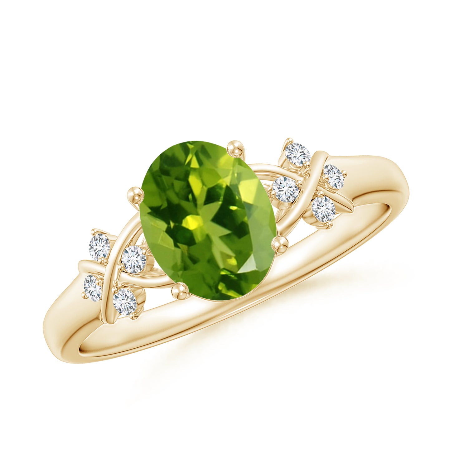 Solitaire Oval Peridot Criss Cross Ring with Diamonds