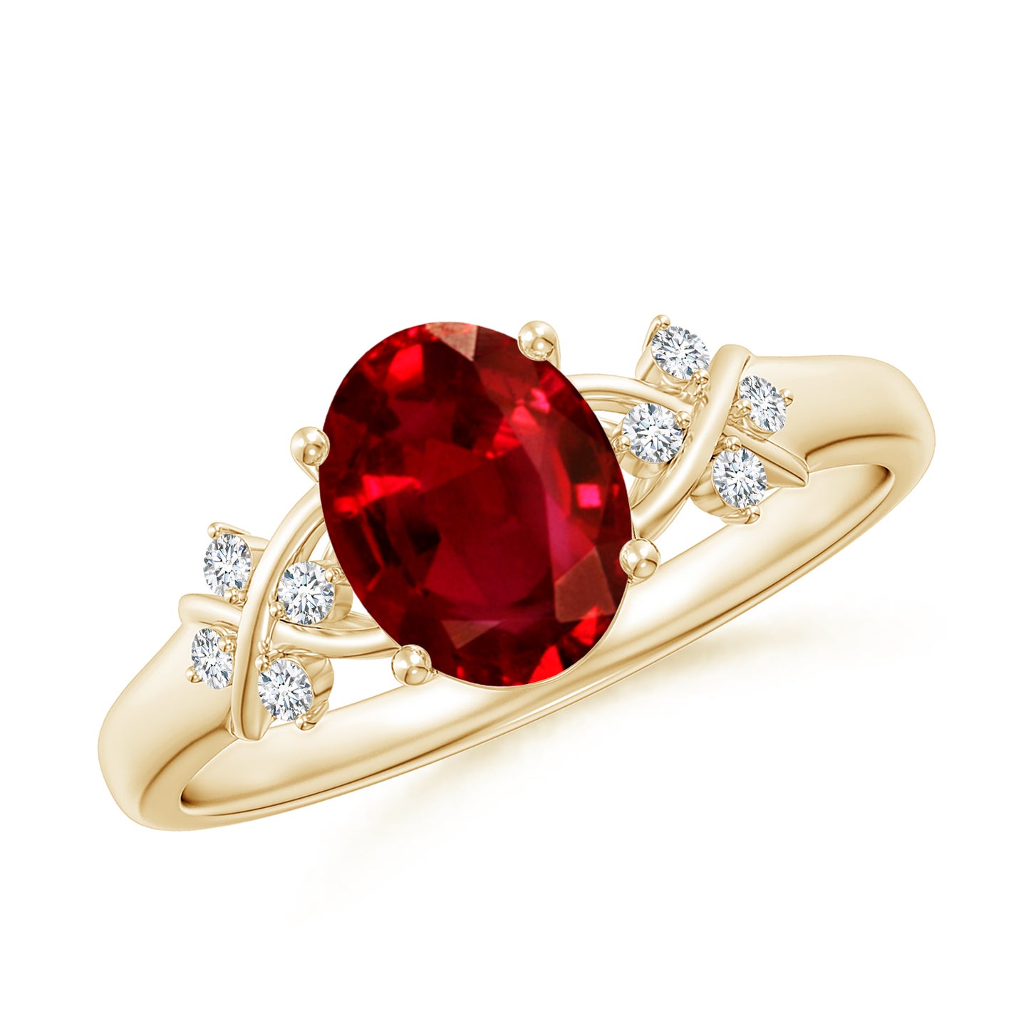 8x6mm AAAA Solitaire Oval Ruby Criss Cross Ring with Diamonds in Yellow Gold