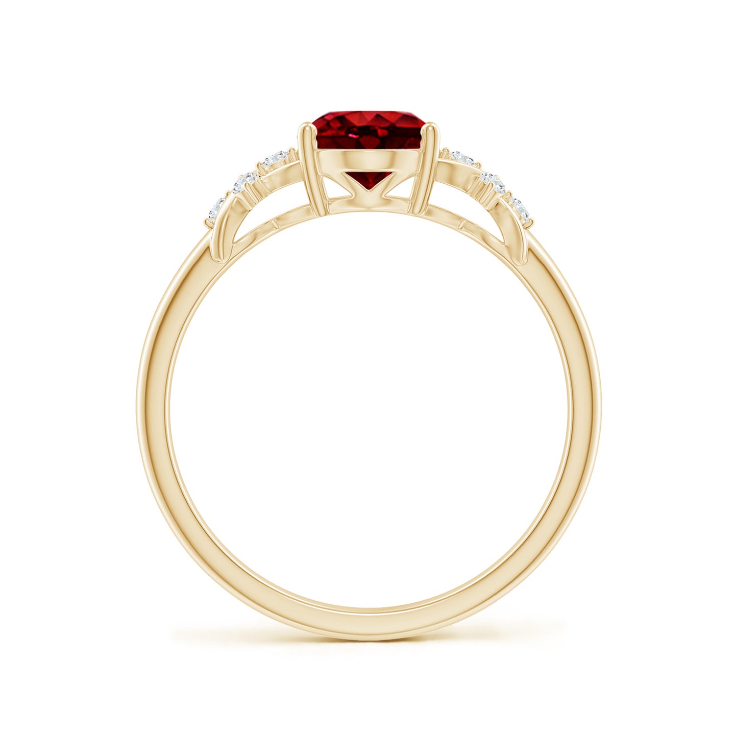 8x6mm AAAA Solitaire Oval Ruby Criss Cross Ring with Diamonds in Yellow Gold