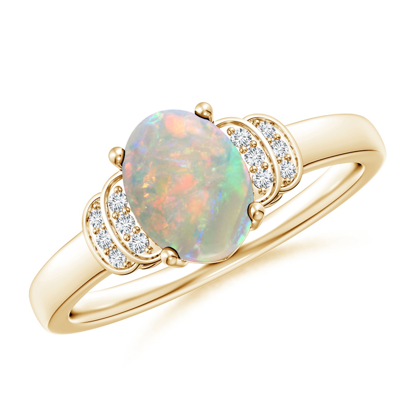 8x6mm AAAA Solitaire Oval Opal and Diamond Collar Ring in Yellow Gold