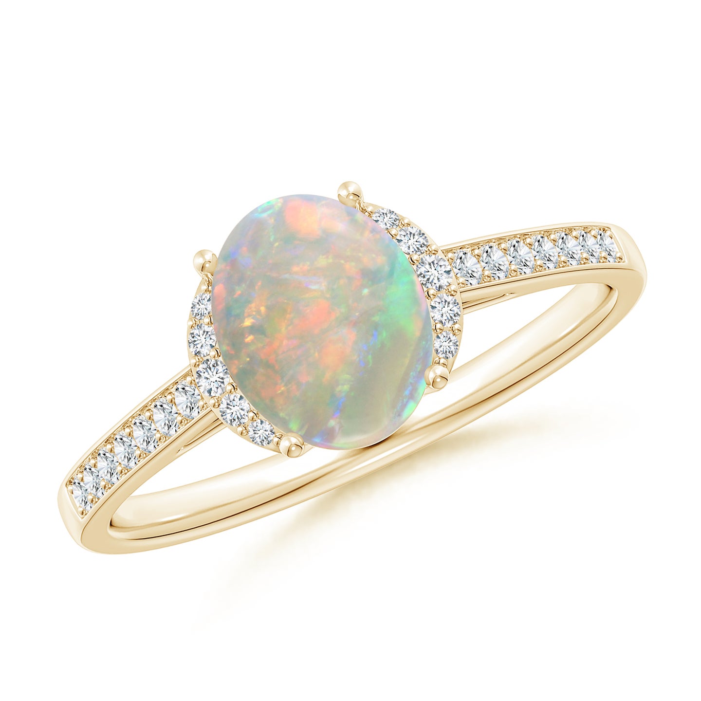 8x6mm AAAA Classic Solitaire Oval Opal and Diamond Collar Ring in Yellow Gold