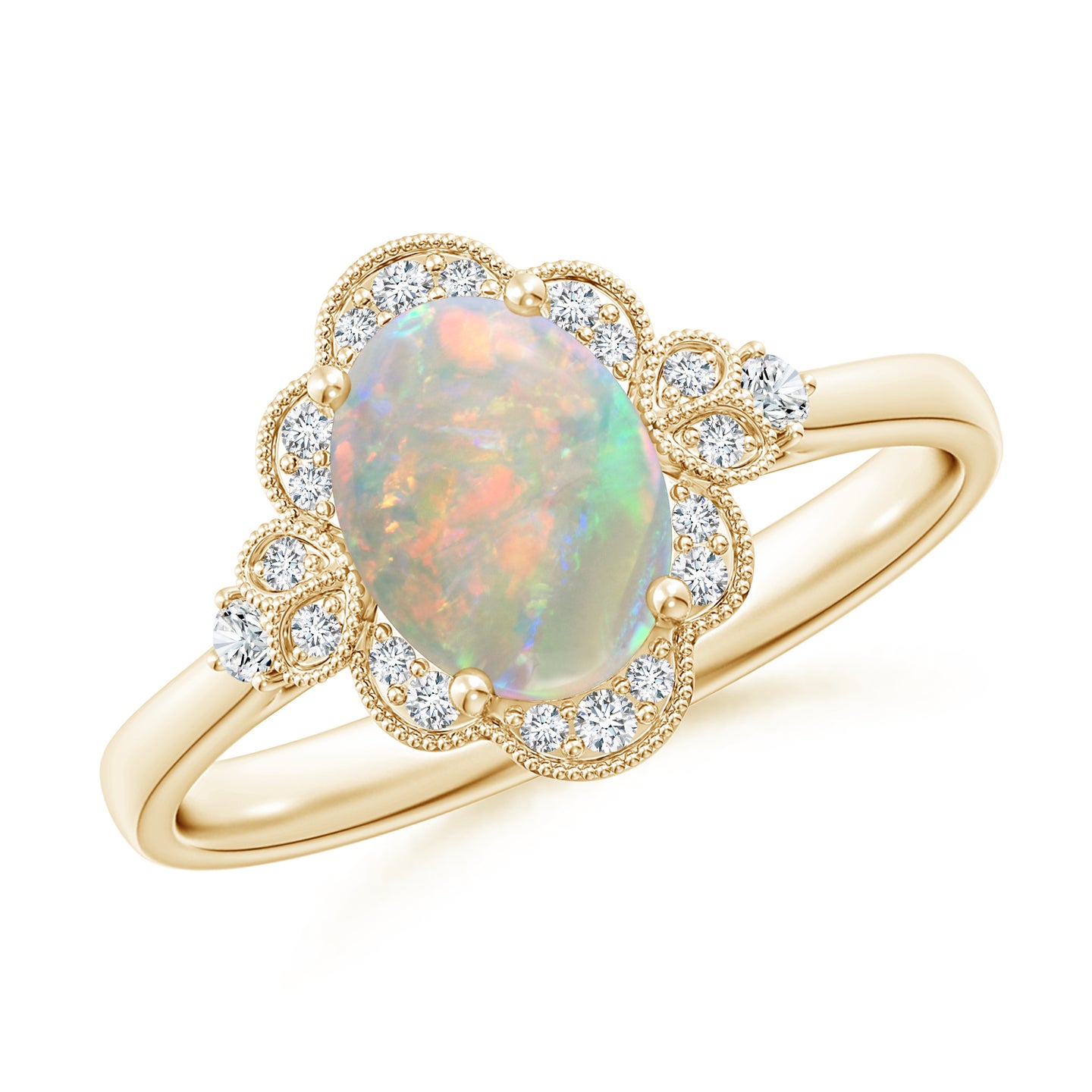 8x6mm AAAA Victorian Style Oval Opal and Diamond Halo Engagement Ring in Yellow Gold