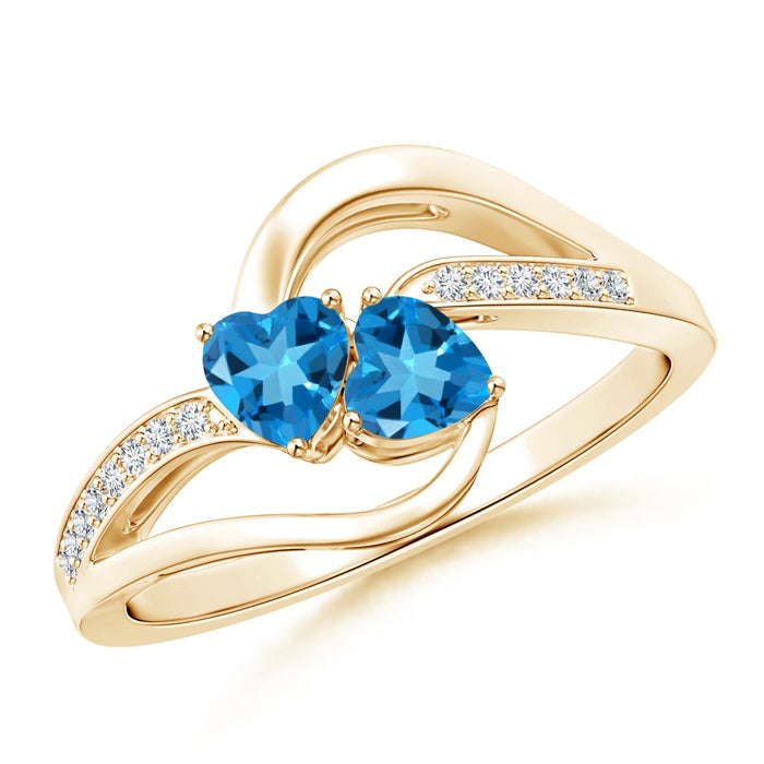 4mm AAAA Two Stone Heart Swiss Blue Topaz Bypass Ring with Diamonds in Yellow Gold