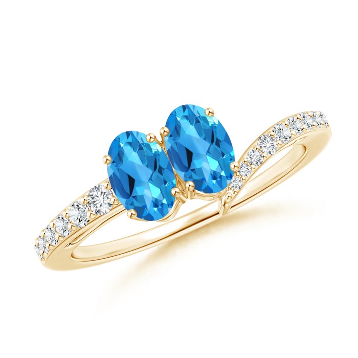 6x4mm AAAA Oval Swiss Blue Topaz Two Stone Bypass Ring with Diamonds in Yellow Gold 6x4mm AAAA Oval Swiss Blue Topaz Two Stone Bypass Ring with Diamonds in Yellow Gold