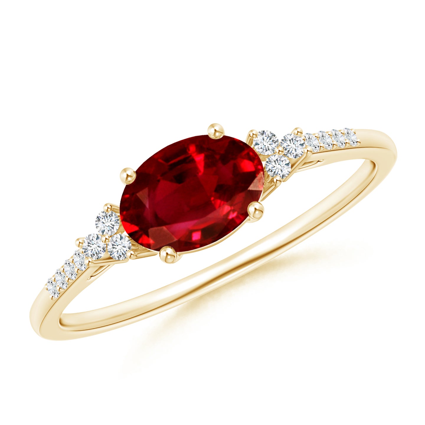 7x5mm AAAA Horizontally Set Oval Ruby Solitaire Ring with Trio Diamond Accents in Yellow Gold