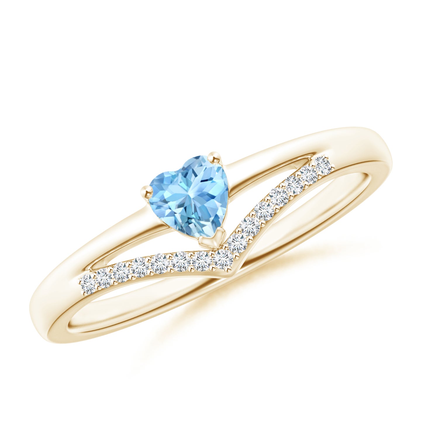 4mm AAAA Solitaire Heart Aquamarine and Diamond Chevron Ring in Yellow Gold