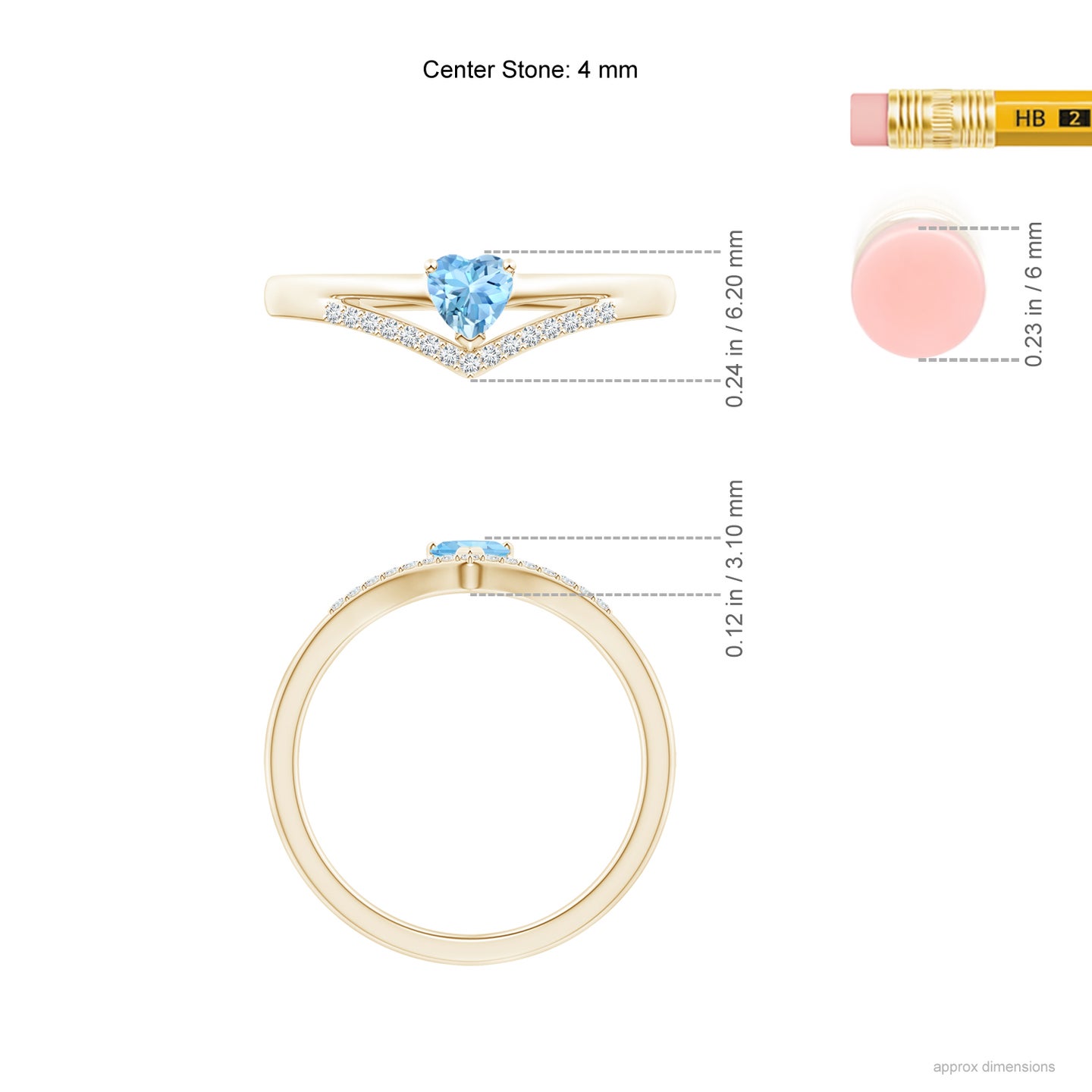 4mm AAAA Solitaire Heart Aquamarine and Diamond Chevron Ring in Yellow Gold