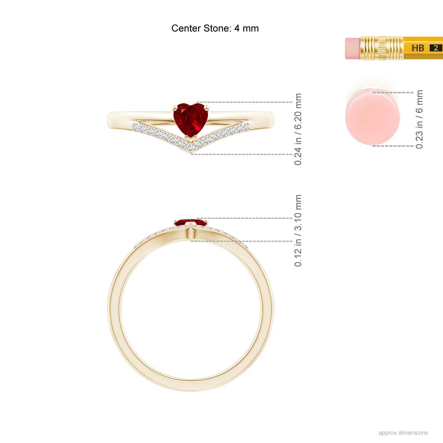 4mm AAAA Solitaire Heart Ruby and Diamond Chevron Ring in Yellow Gold