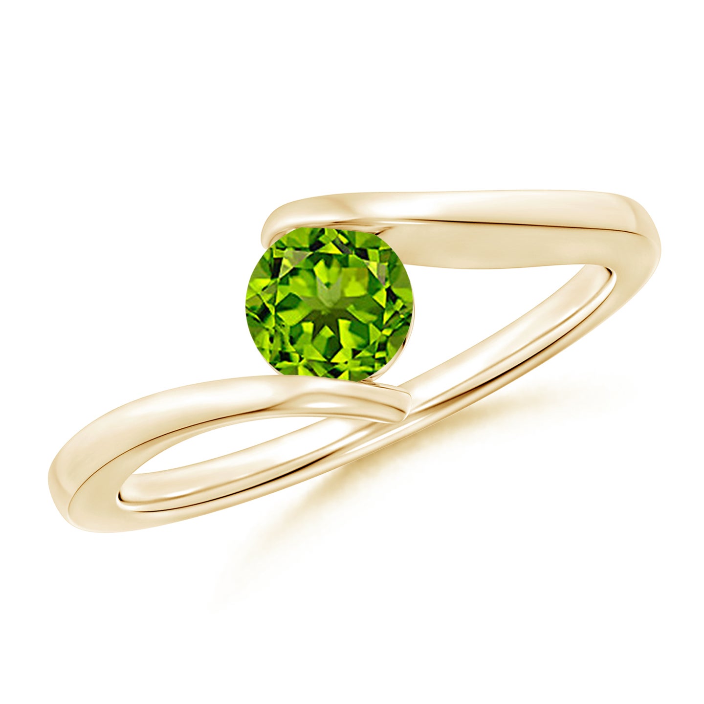 5mm AAAA Bar-Set Solitaire Round Peridot Bypass Ring in Yellow Gold
