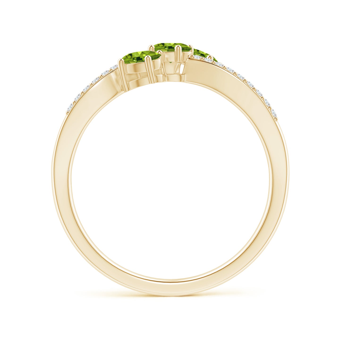 4x3mm AAAA Oval Peridot Three Stone Bypass Ring with Diamonds in Yellow Gold