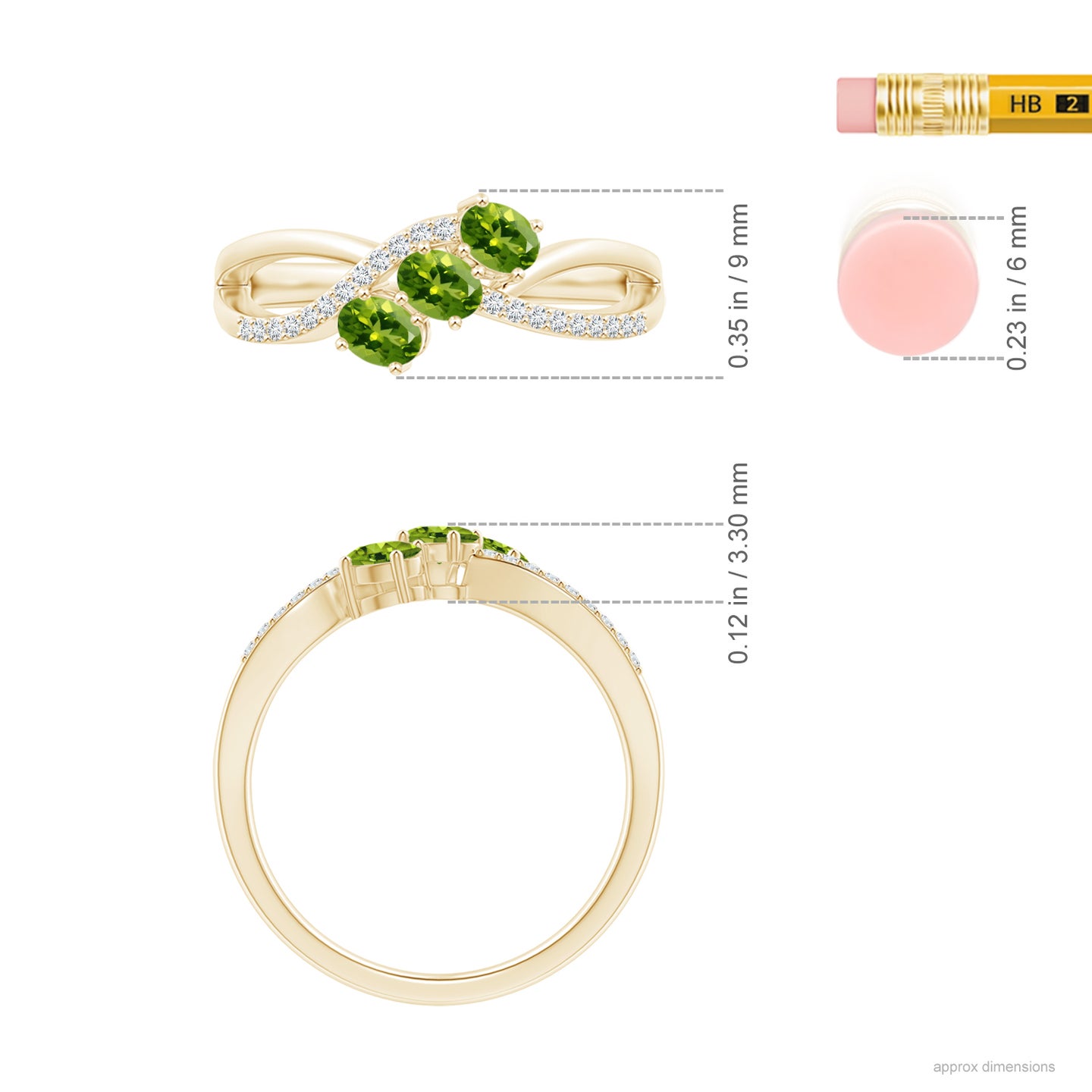 4x3mm AAAA Oval Peridot Three Stone Bypass Ring with Diamonds in Yellow Gold