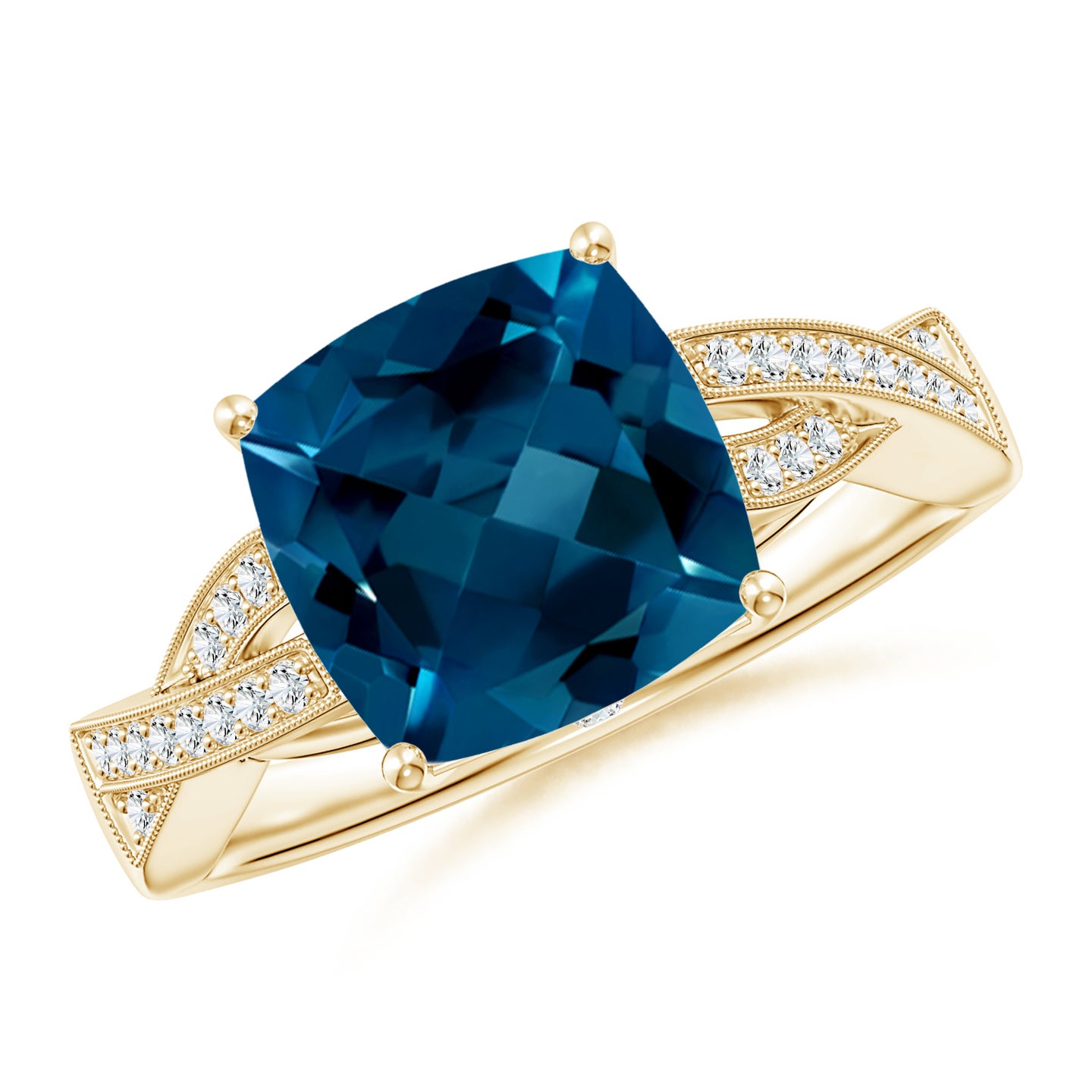 9mm AAAA Cushion London Blue Topaz Criss Cross Ring with Diamonds in Yellow Gold 9mm AAAA Cushion London Blue Topaz Criss Cross Ring with Diamonds in Yellow Gold