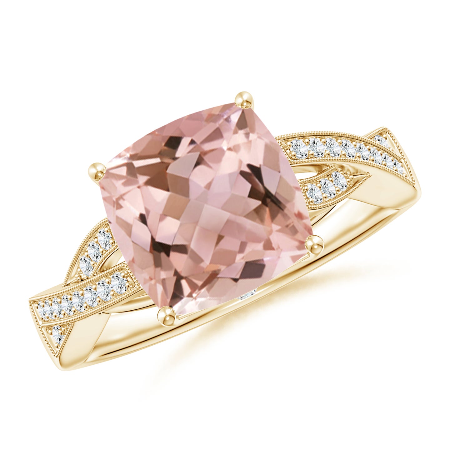 9mm AAAA Solitaire Cushion Morganite Criss Cross Ring with Diamonds in Yellow Gold 9mm AAAA Solitaire Cushion Morganite Criss Cross Ring with Diamonds in Yellow Gold