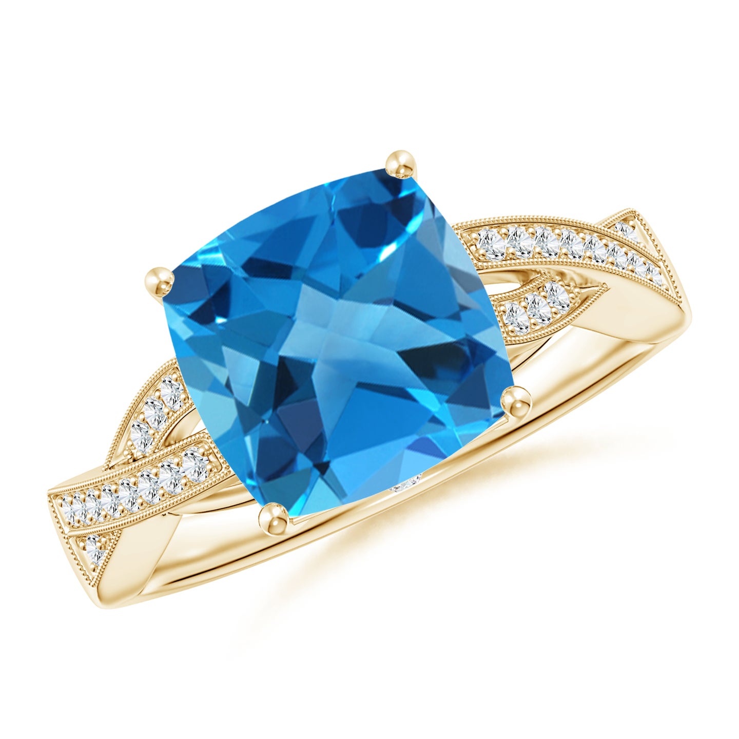 Solitaire Cushion Swiss Blue Topaz Criss Cross Ring with Diamonds