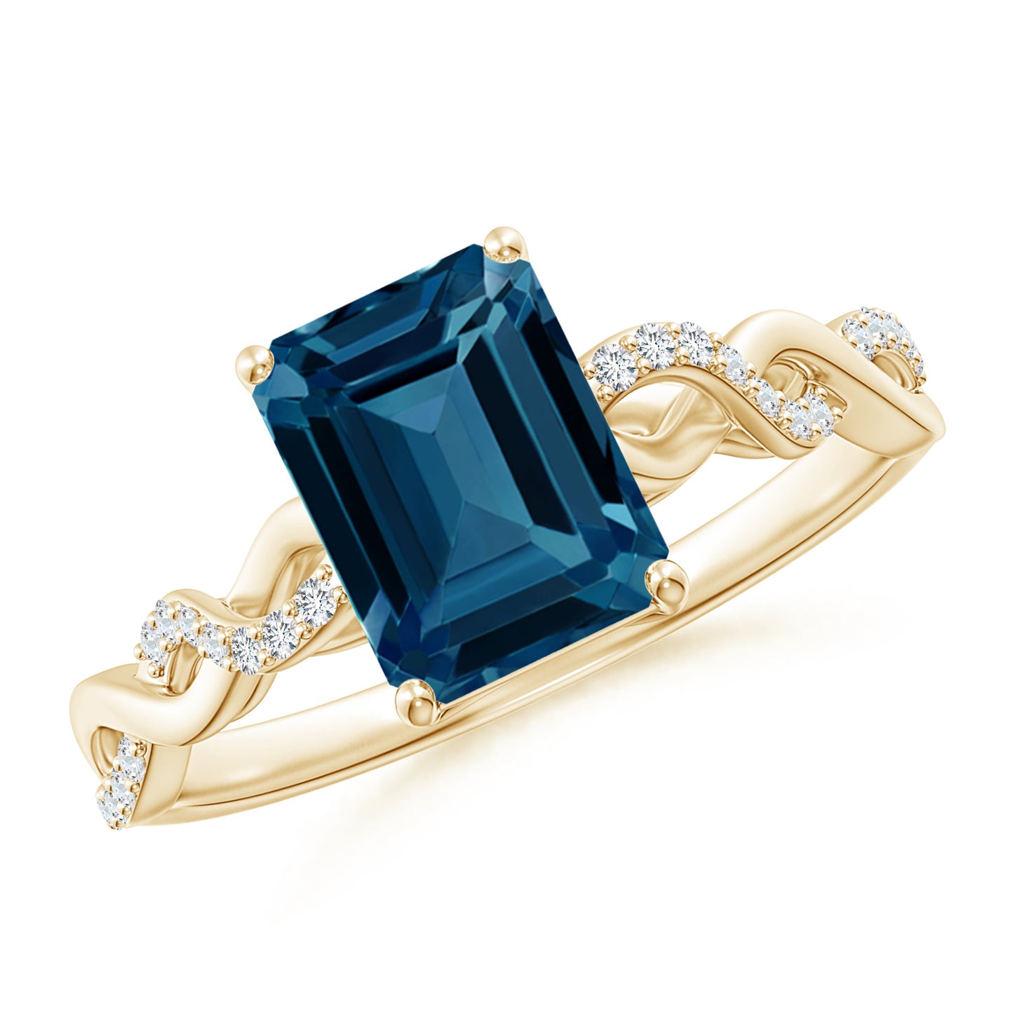 8x6mm AAAA Emerald-Cut Solitaire London Blue Topaz Infinity Twist Ring in Yellow Gold 8x6mm AAAA Emerald-Cut Solitaire London Blue Topaz Infinity Twist Ring in Yellow Gold