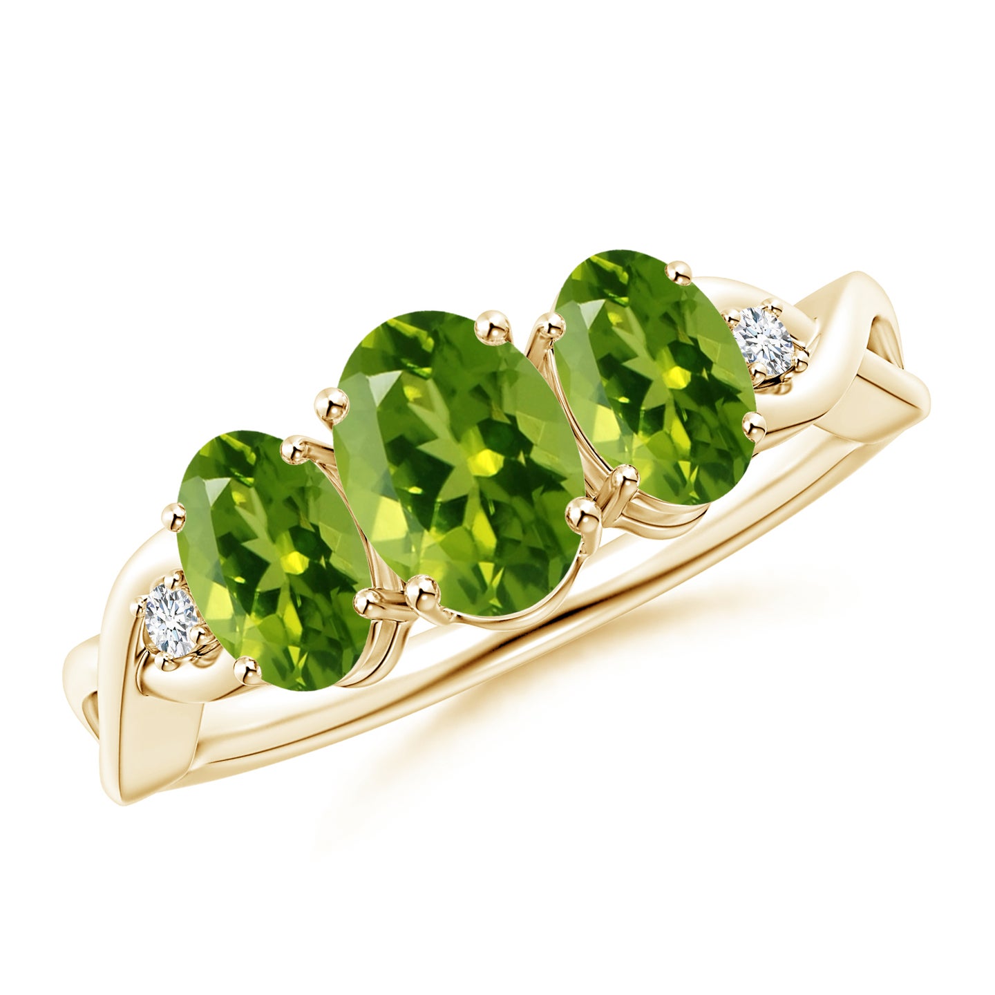 7x5mm AAAA Oval Peridot Three Stone Criss-Cross Ring in Yellow Gold