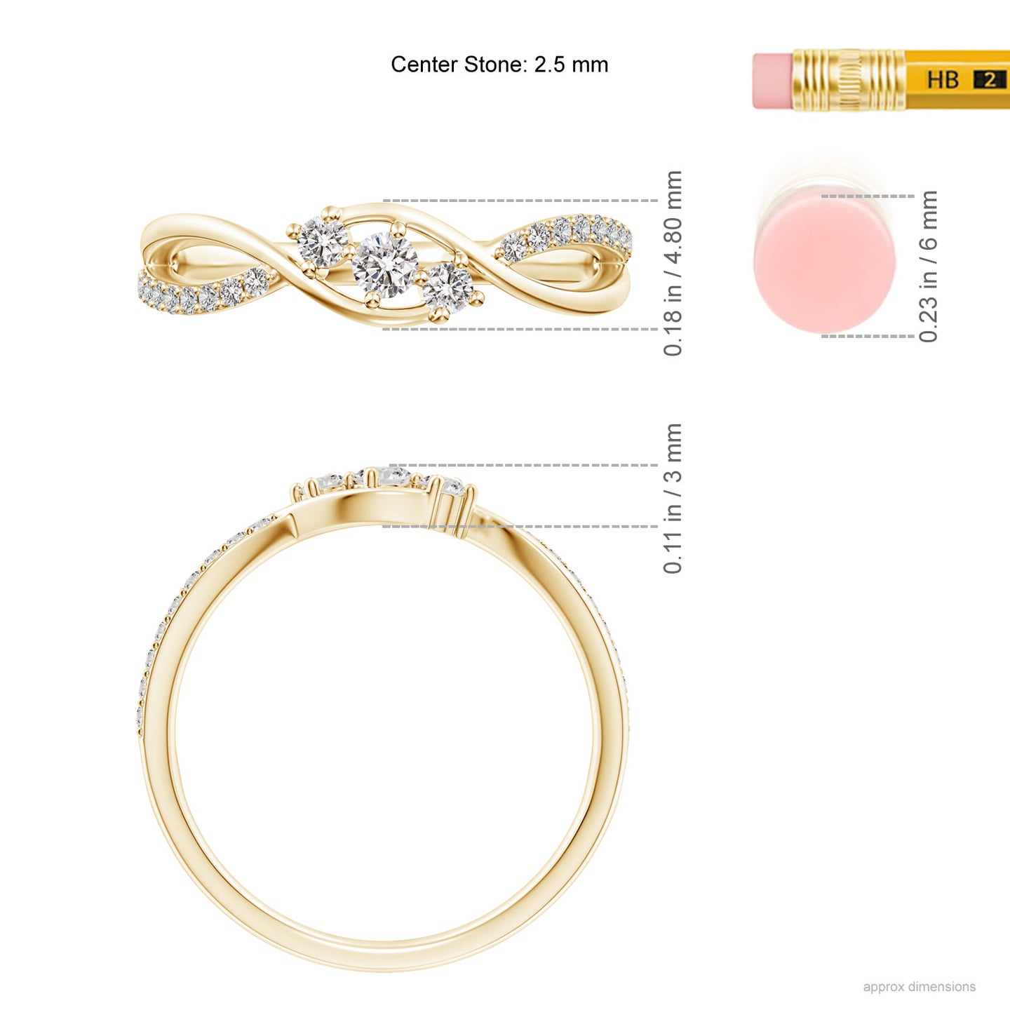 2.5mm IJI1I2 Diamond Infinity Twist Three Stone Bypass Ring in Yellow Gold