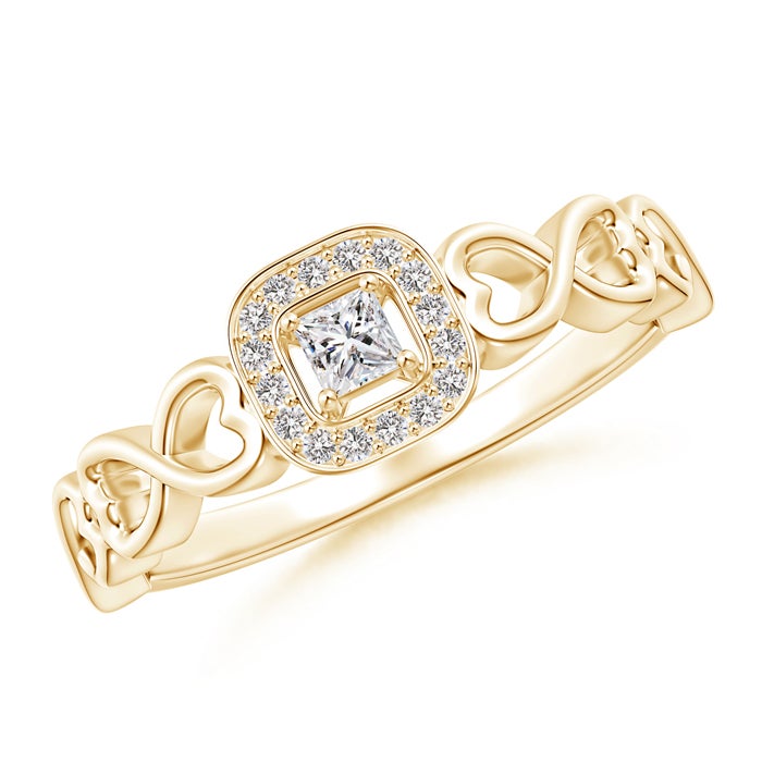 2.5mm IJI1I2 Princess-Cut Diamond Cushion Halo Promise Ring with Infinity Heart-Motifs in Yellow Gold