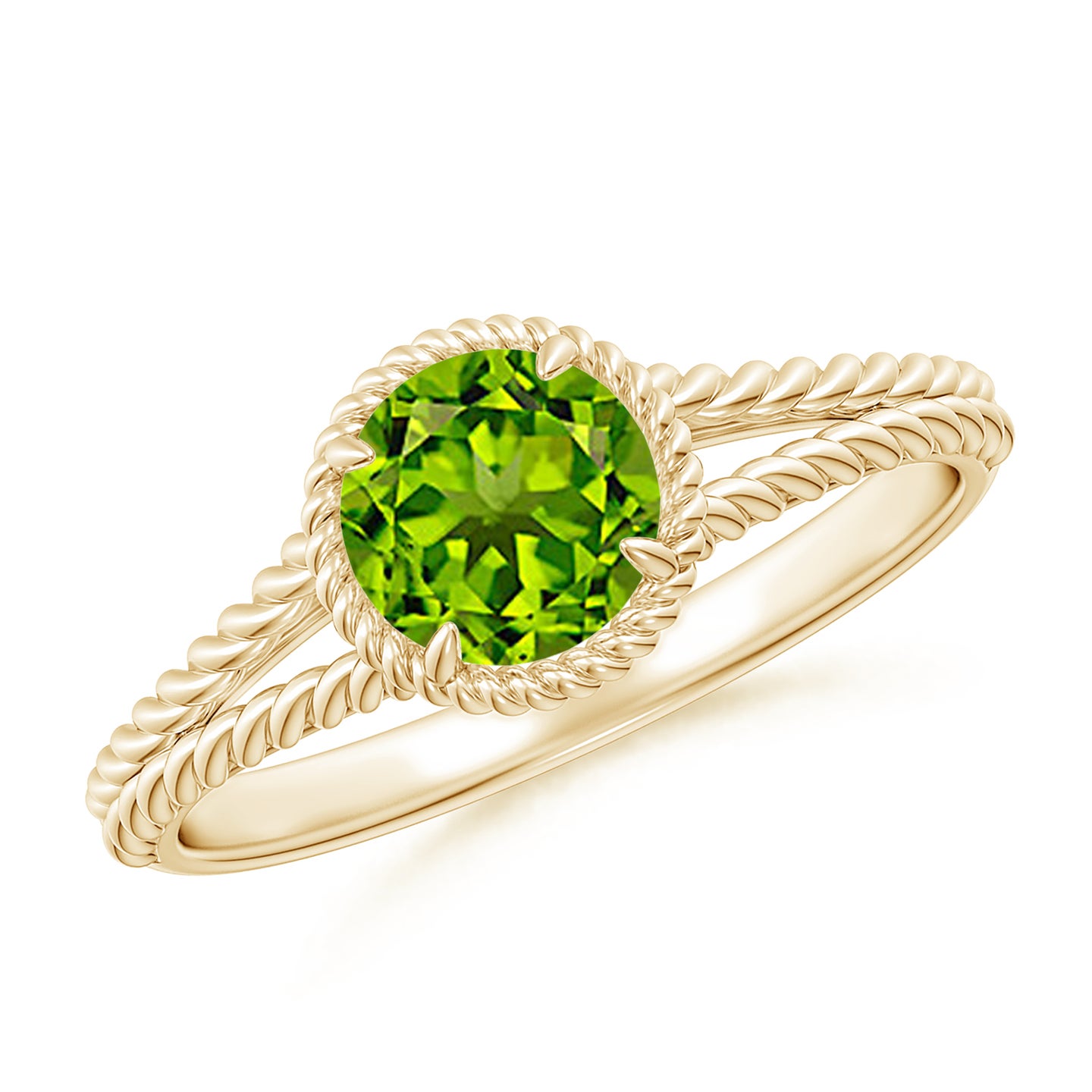 6mm AAAA Peridot Twist Rope Split Shank Ring in Yellow Gold