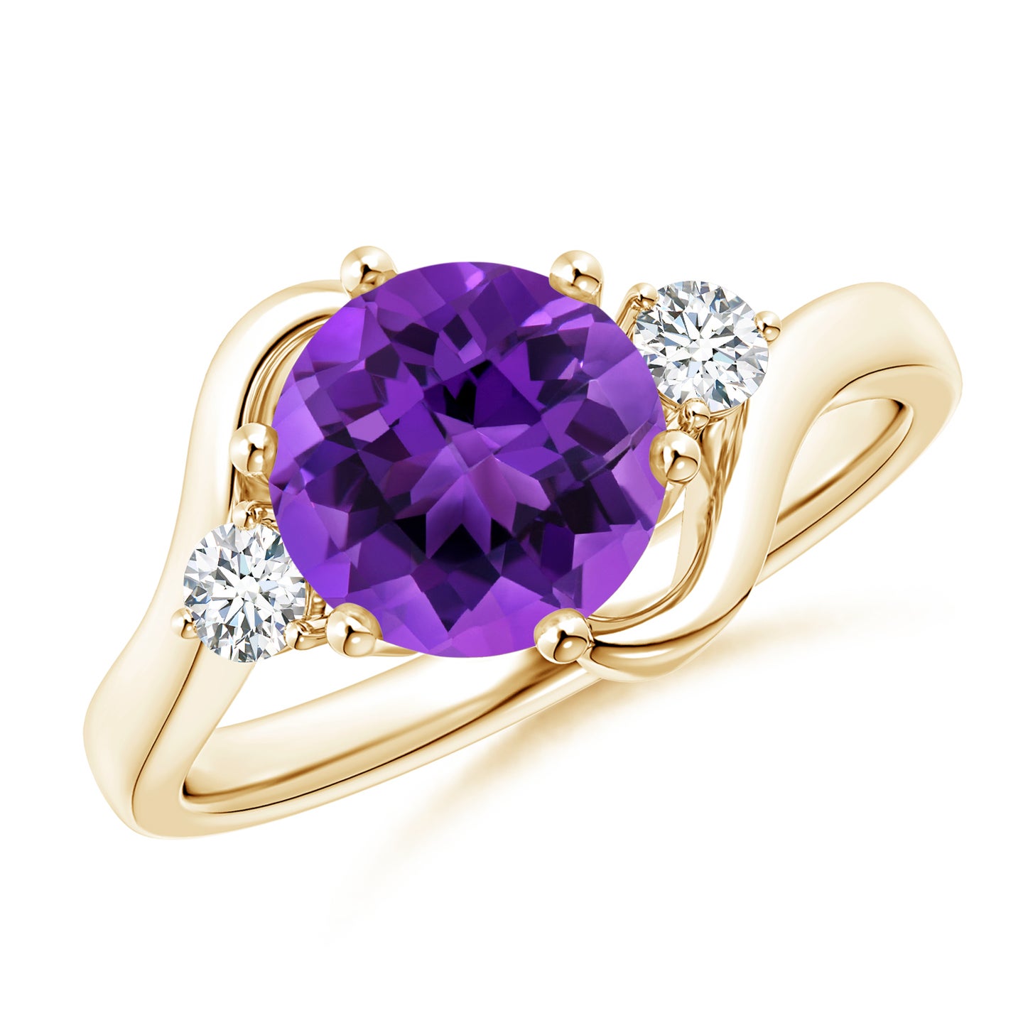 8mm AAAA Round Amethyst and Diamond Three Stone Bypass Ring in Yellow Gold