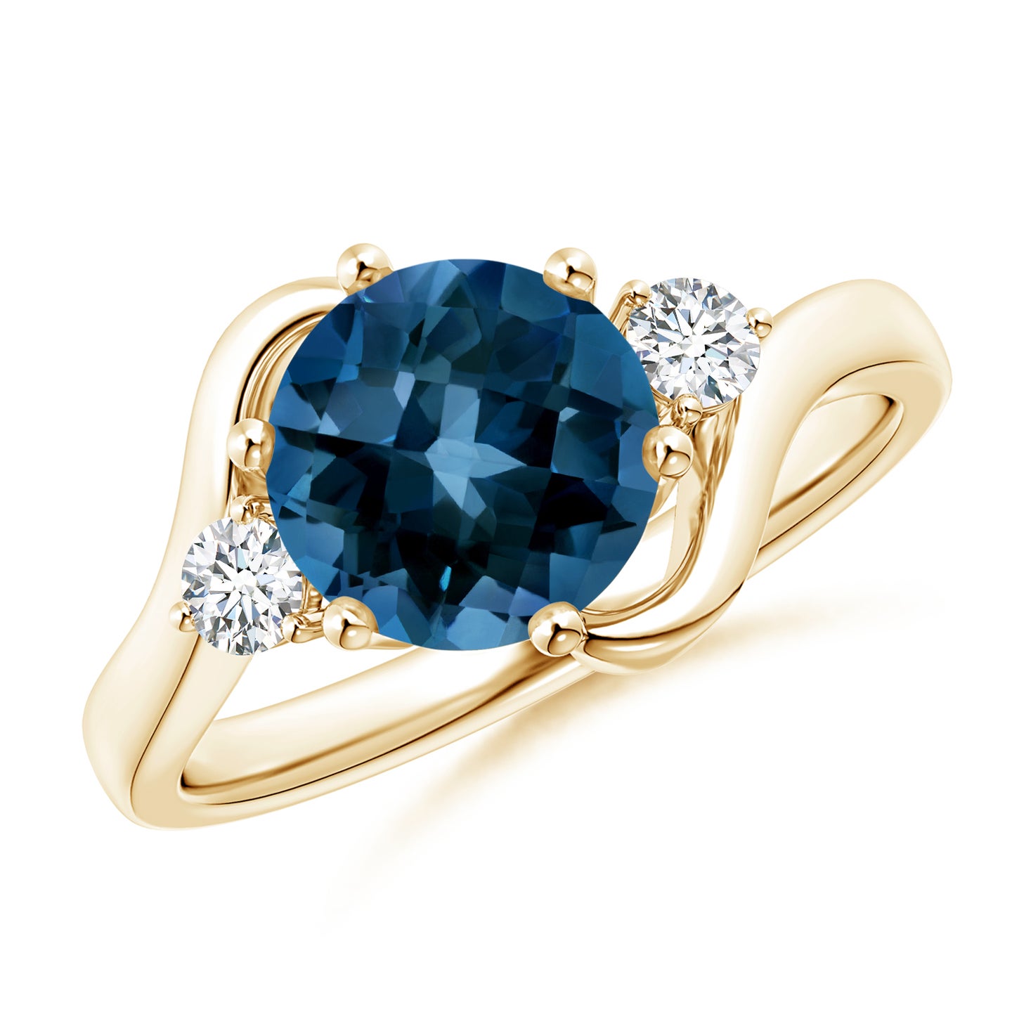 8mm AAAA Round London Blue Topaz and Diamond Three Stone Bypass Ring in Yellow Gold 8mm AAAA Round London Blue Topaz and Diamond Three Stone Bypass Ring in Yellow Gold