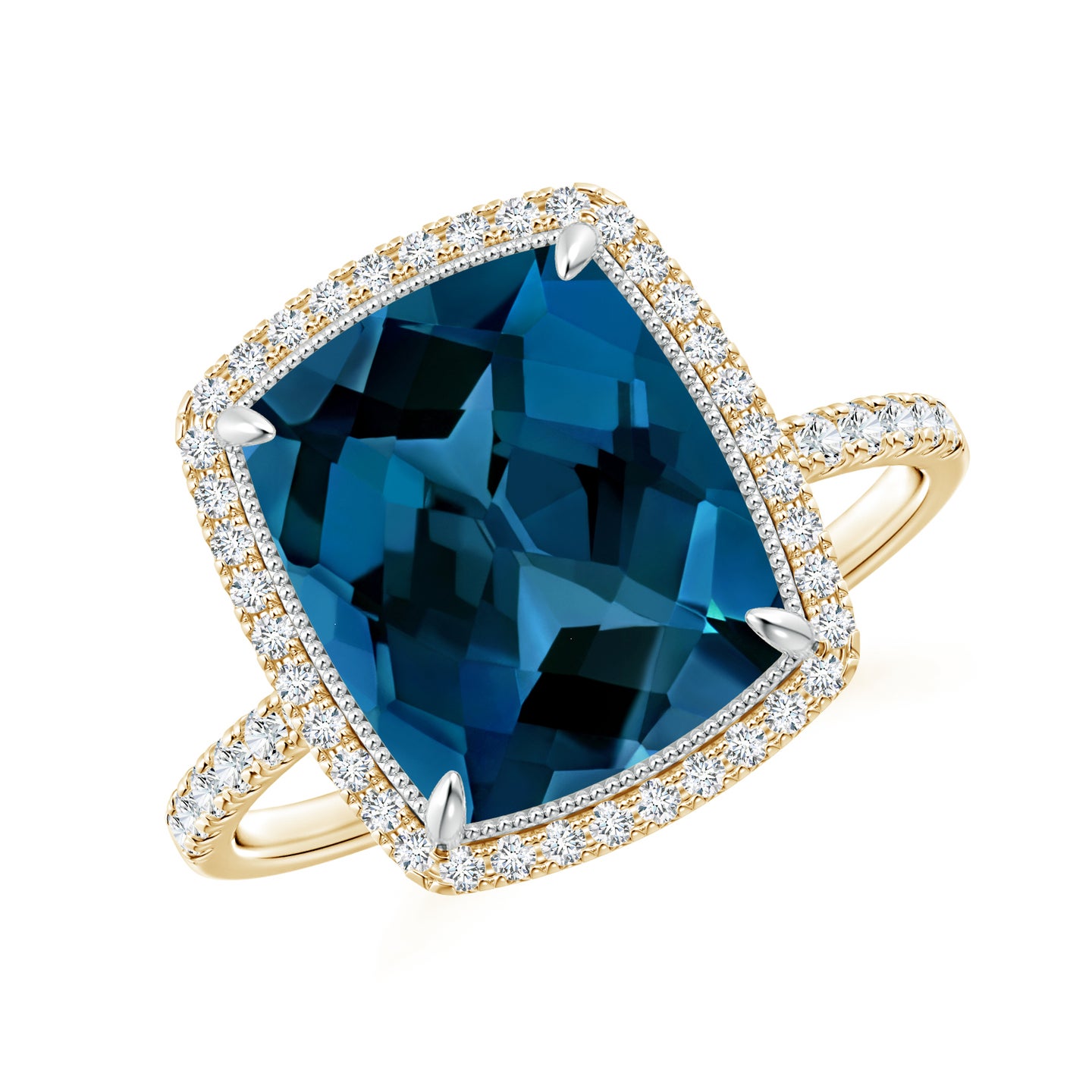 11x9mm AAAA Cushion London Blue Topaz and Diamond Halo Ring in Two Tone in Yellow Gold White Gold 11x9mm AAAA Cushion London Blue Topaz and Diamond Halo Ring in Two Tone in Yellow Gold White Gold