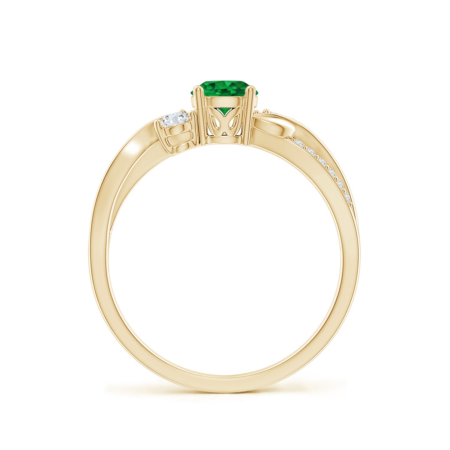 5mm AAAA Emerald and Diamond Twisted Vine Ring in Yellow Gold
