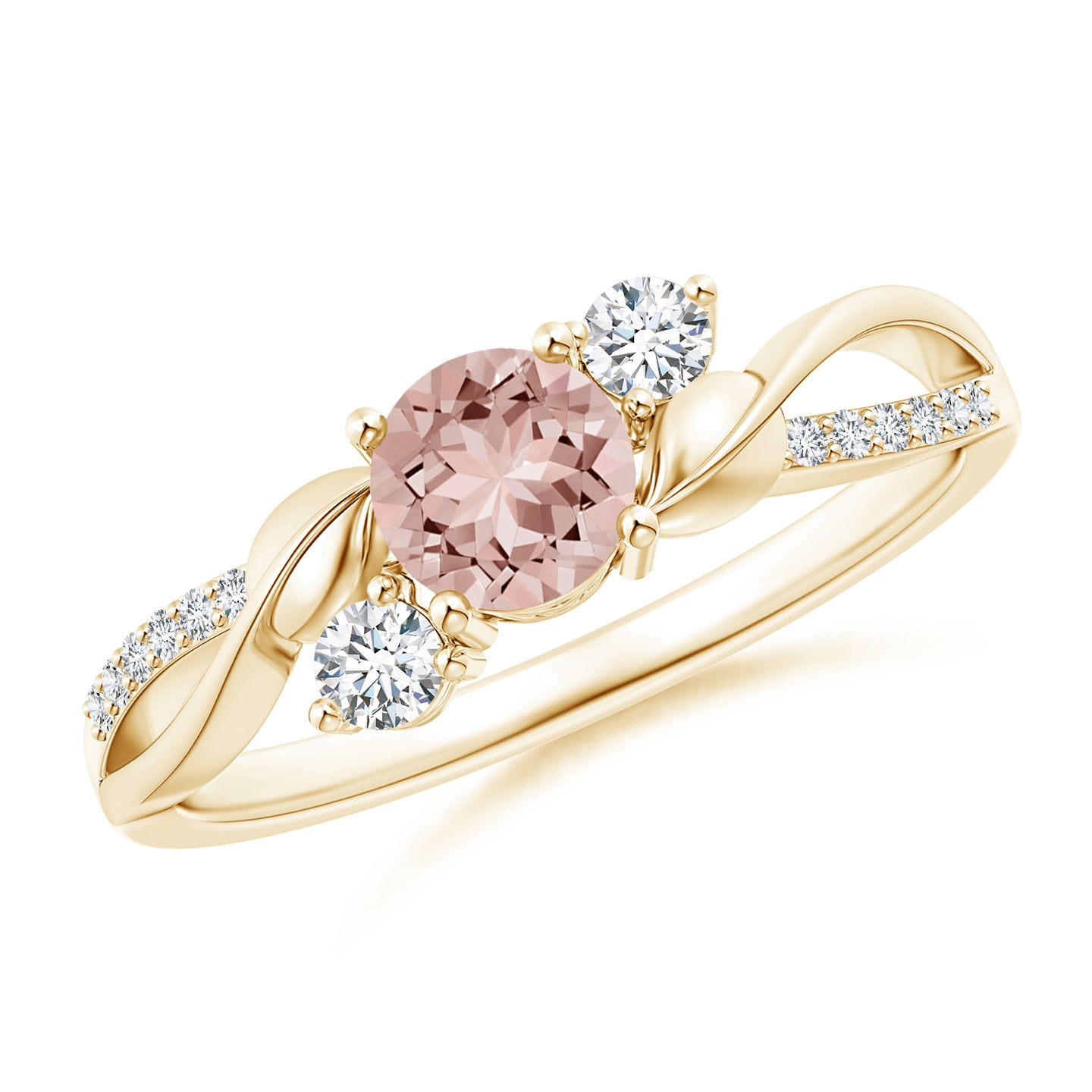 5mm AAAA Morganite and Diamond Twisted Vine Ring in Yellow Gold 5mm AAAA Morganite and Diamond Twisted Vine Ring in Yellow Gold