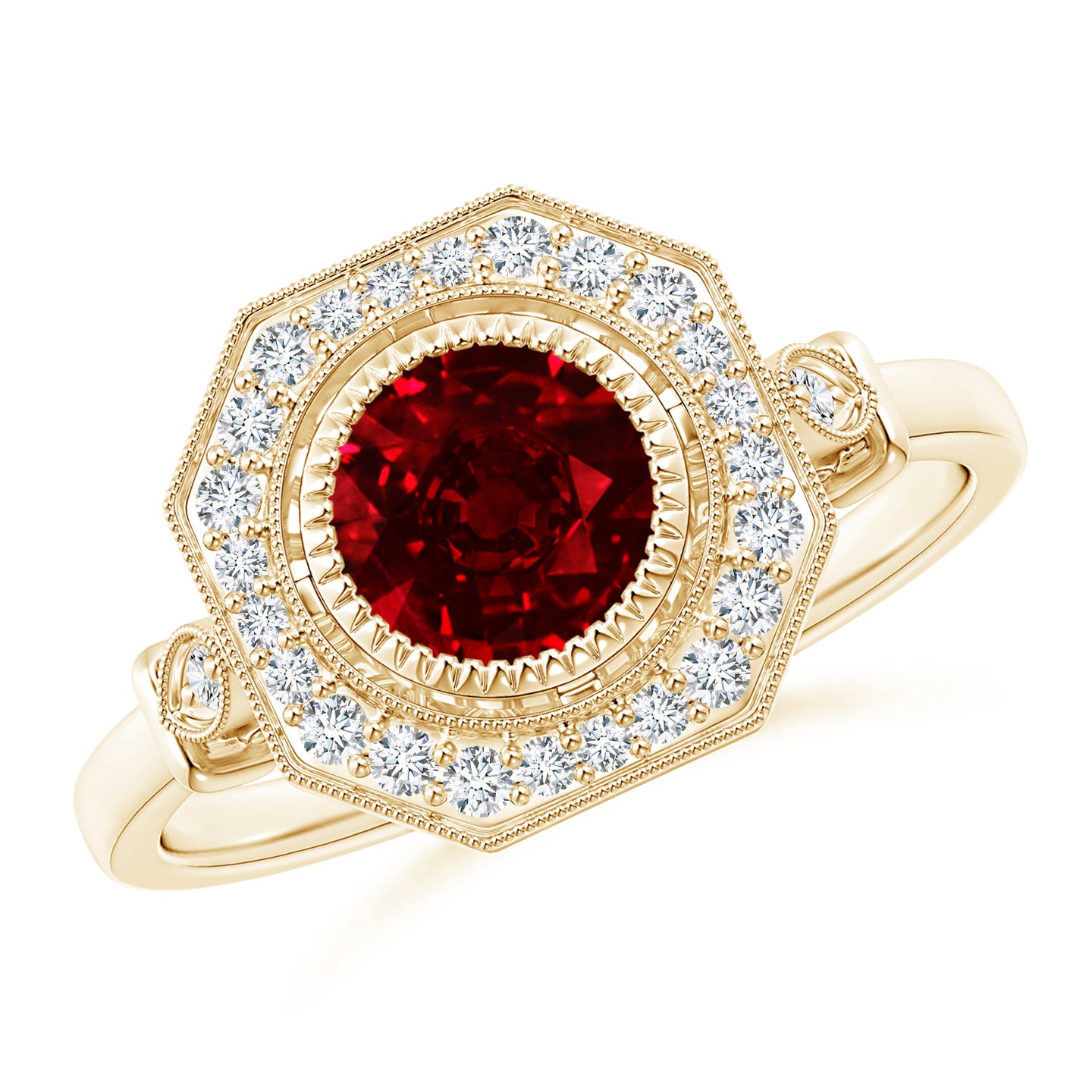 Ruby And Diamond Octagonal Halo Ring With Milgrain