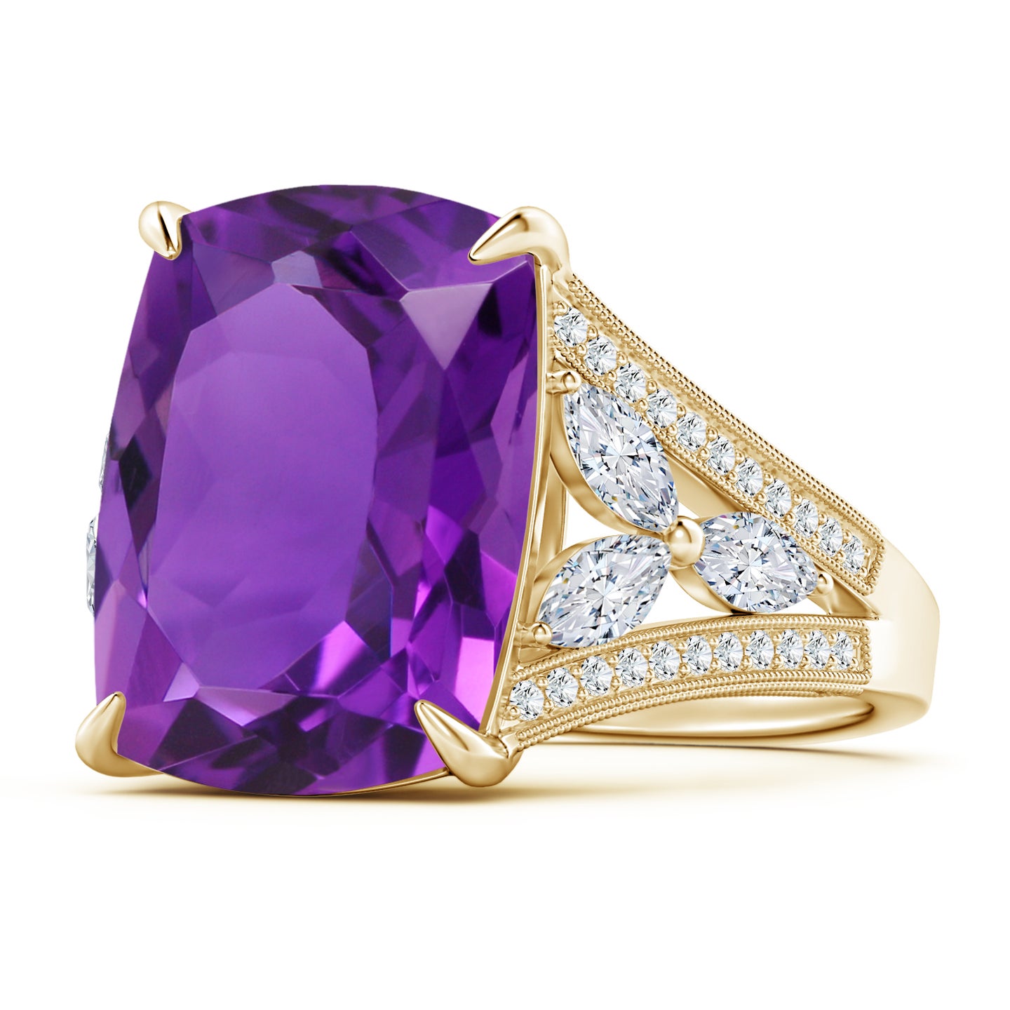 Rectangular Cushion Amethyst Ring with Marquise Diamonds