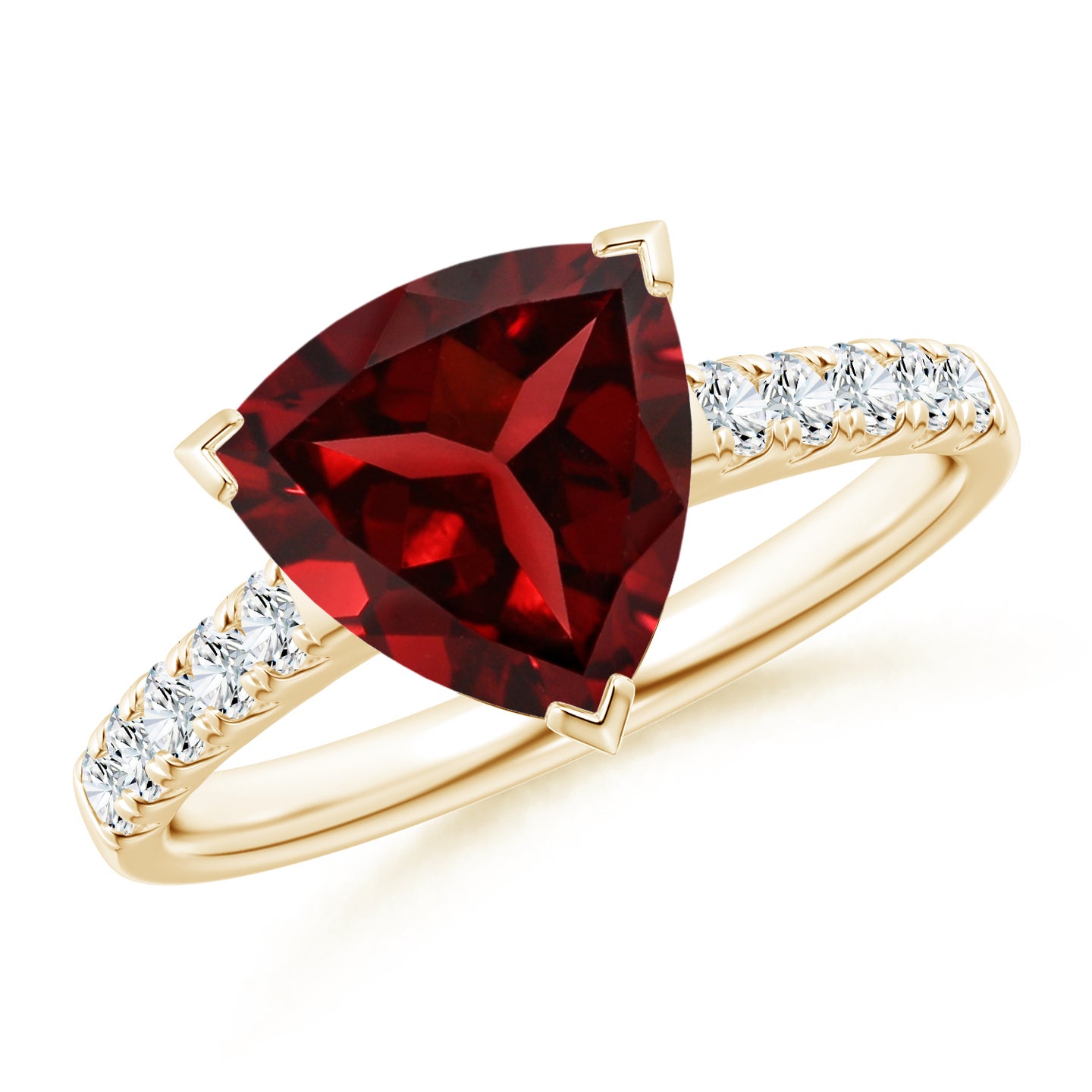 9mm AAAA V-Prong Set Trillion Garnet Cocktail Ring with Diamonds in Yellow Gold