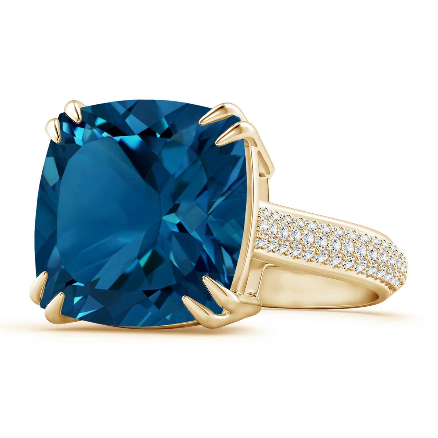 Cushion London Blue Topaz Solitaire Ring with Pave Diamonds