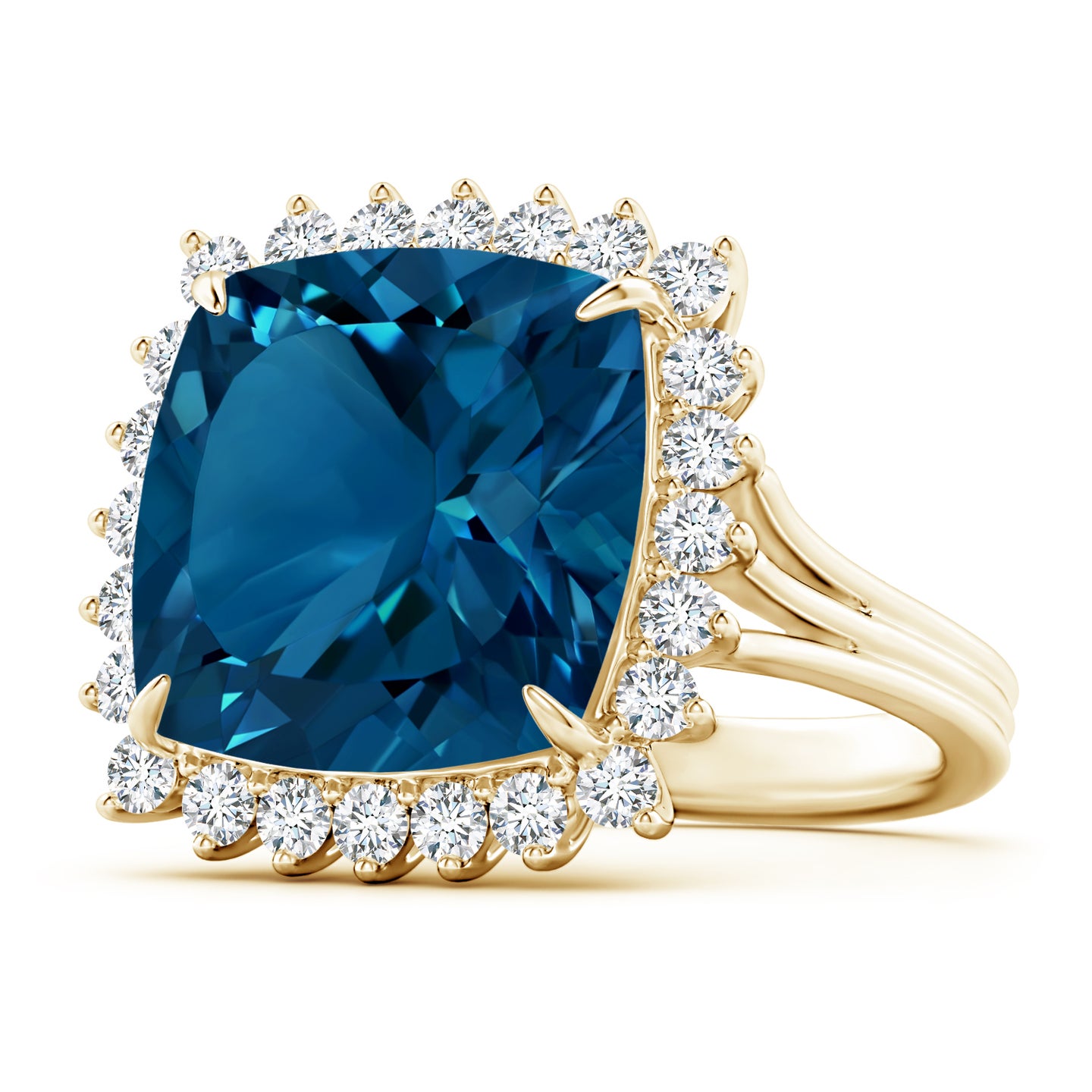 Cushion London Blue Topaz Cocktail Ring with Floral Halo