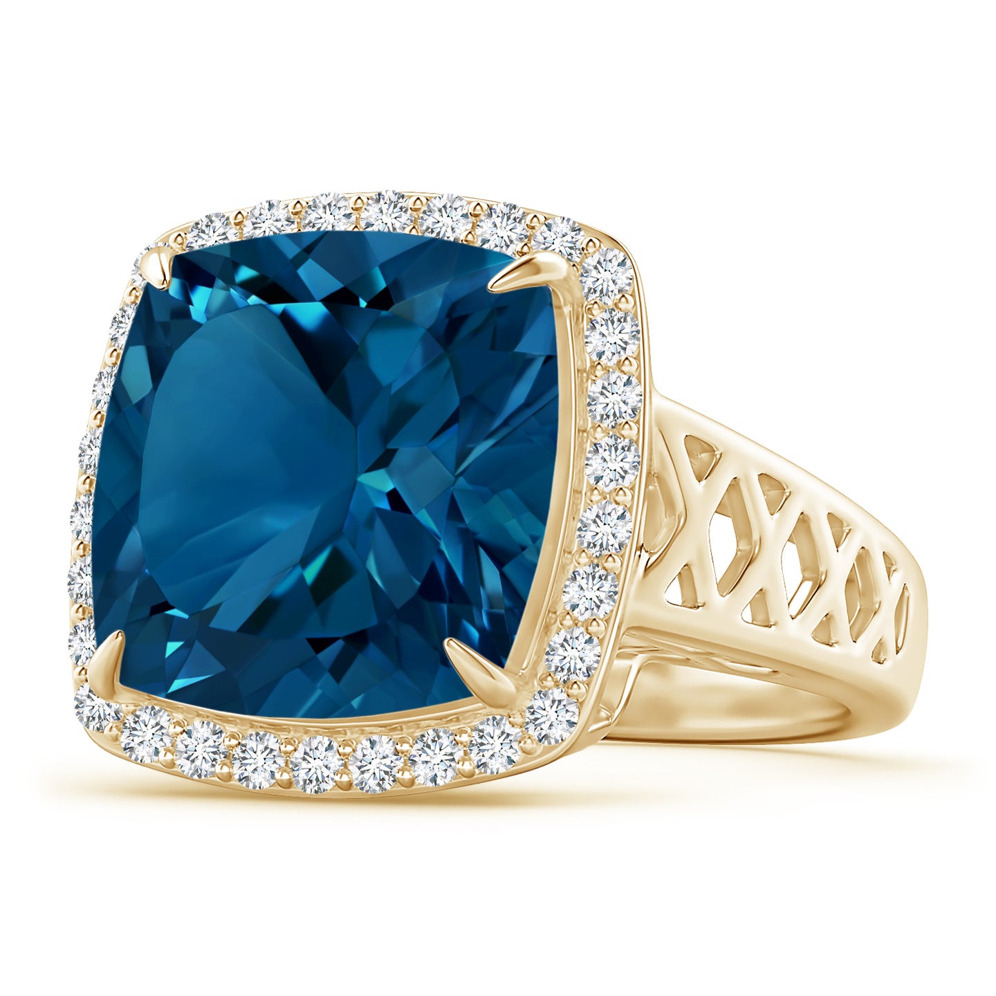 Cushion London Blue Topaz Halo Ring with Geometric Motifs