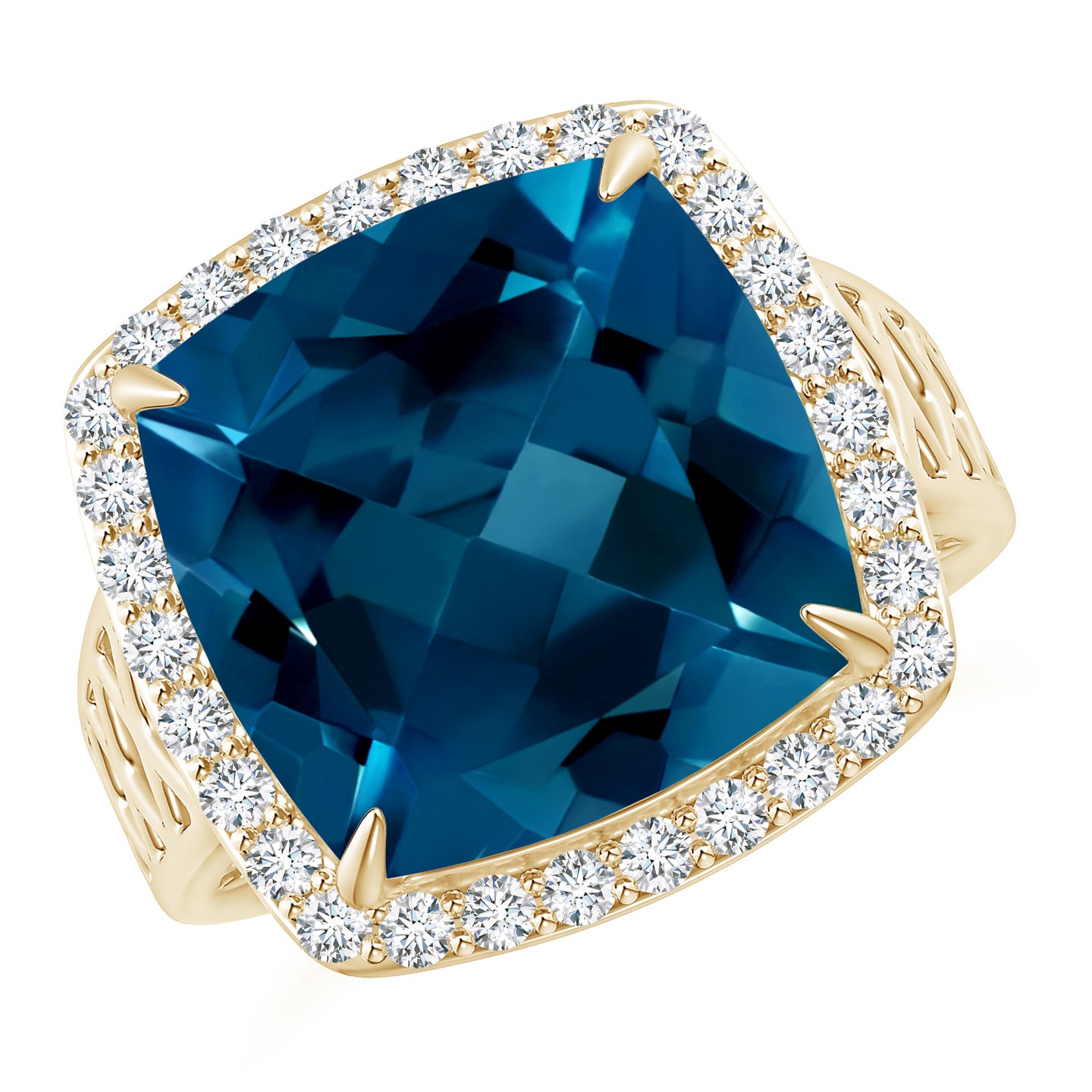 Cushion London Blue Topaz Halo Ring with Geometric Motifs