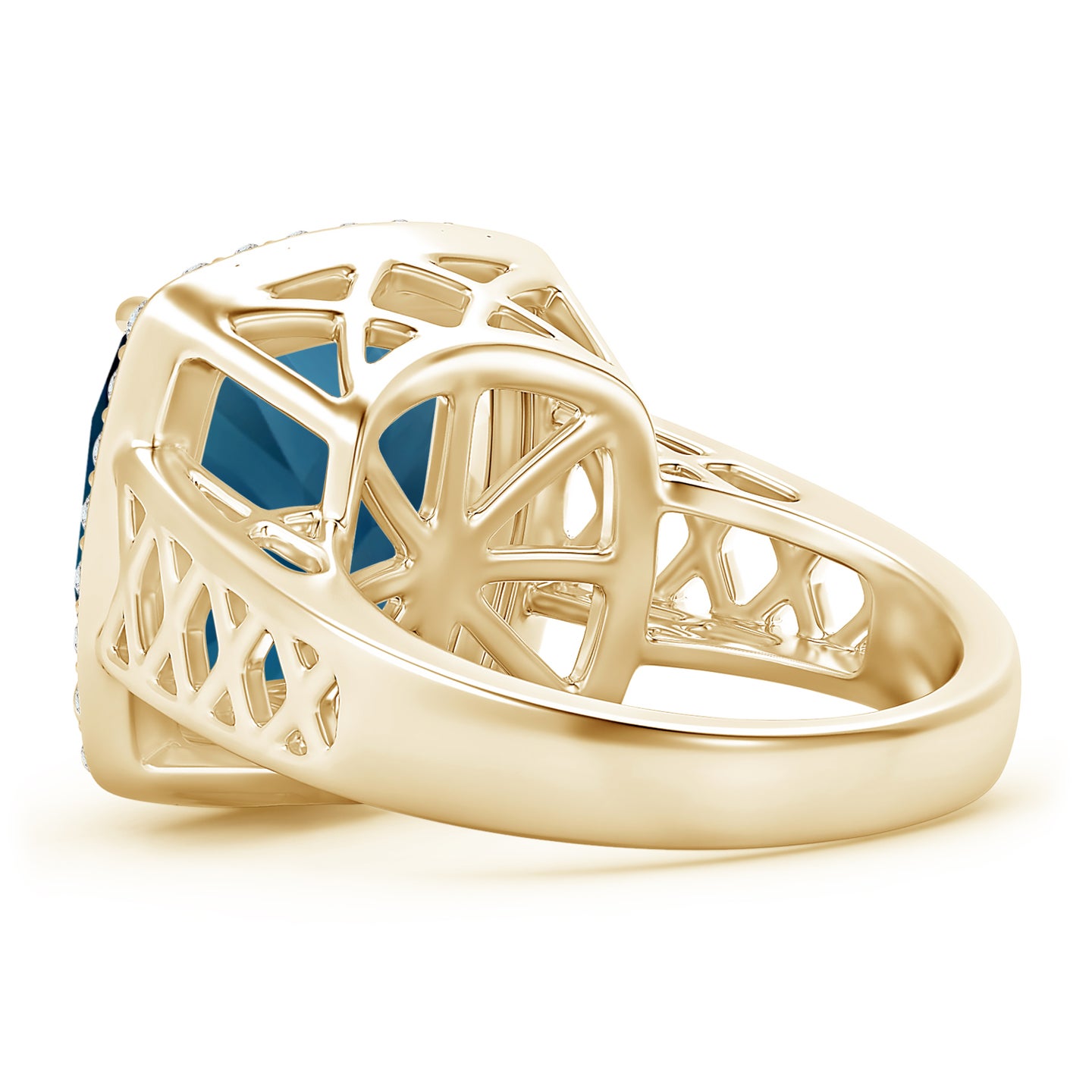 Cushion London Blue Topaz Halo Ring with Geometric Motifs