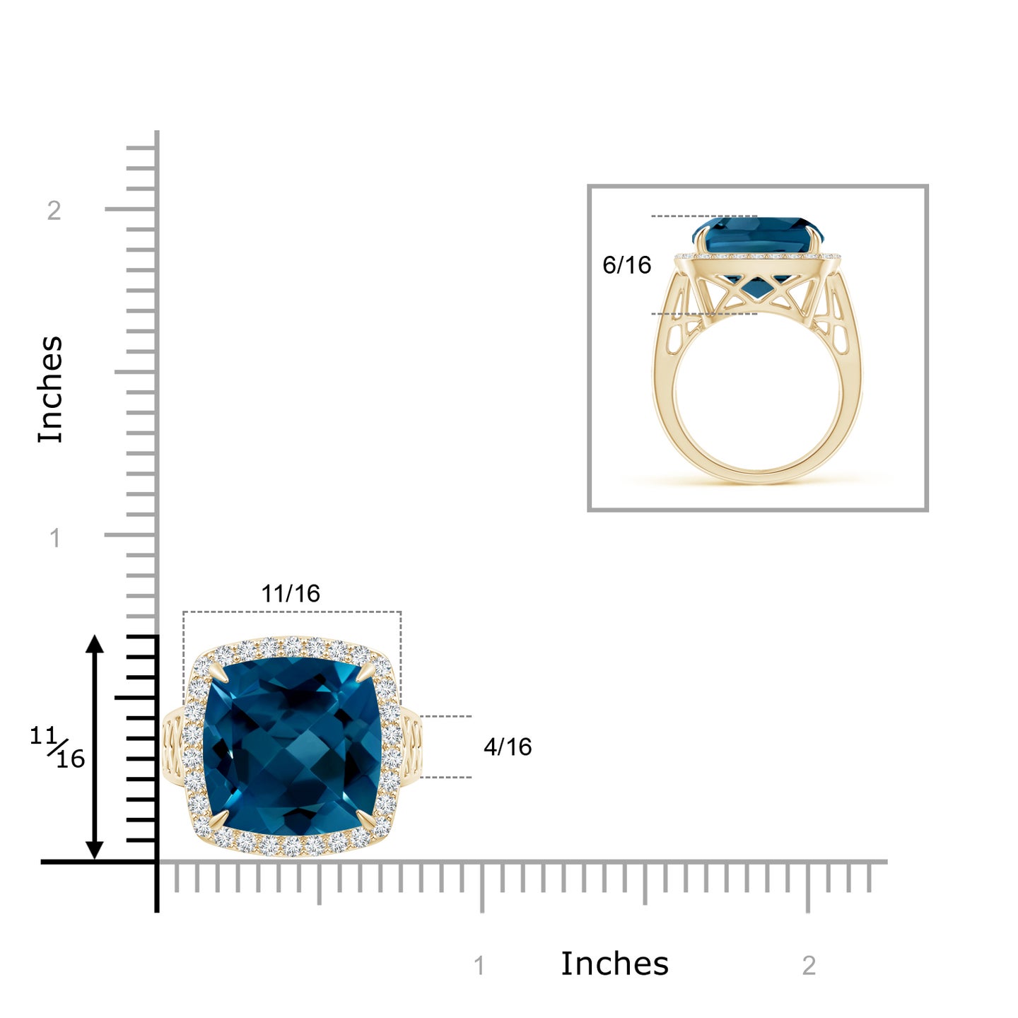 Cushion London Blue Topaz Halo Ring with Geometric Motifs