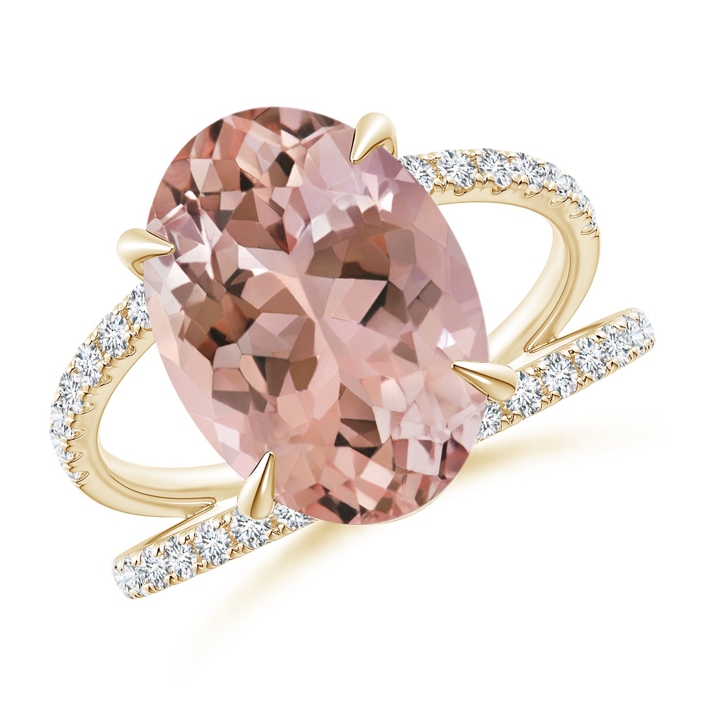 Solitaire Oval Morganite Split Shank Ring with Pave Diamonds