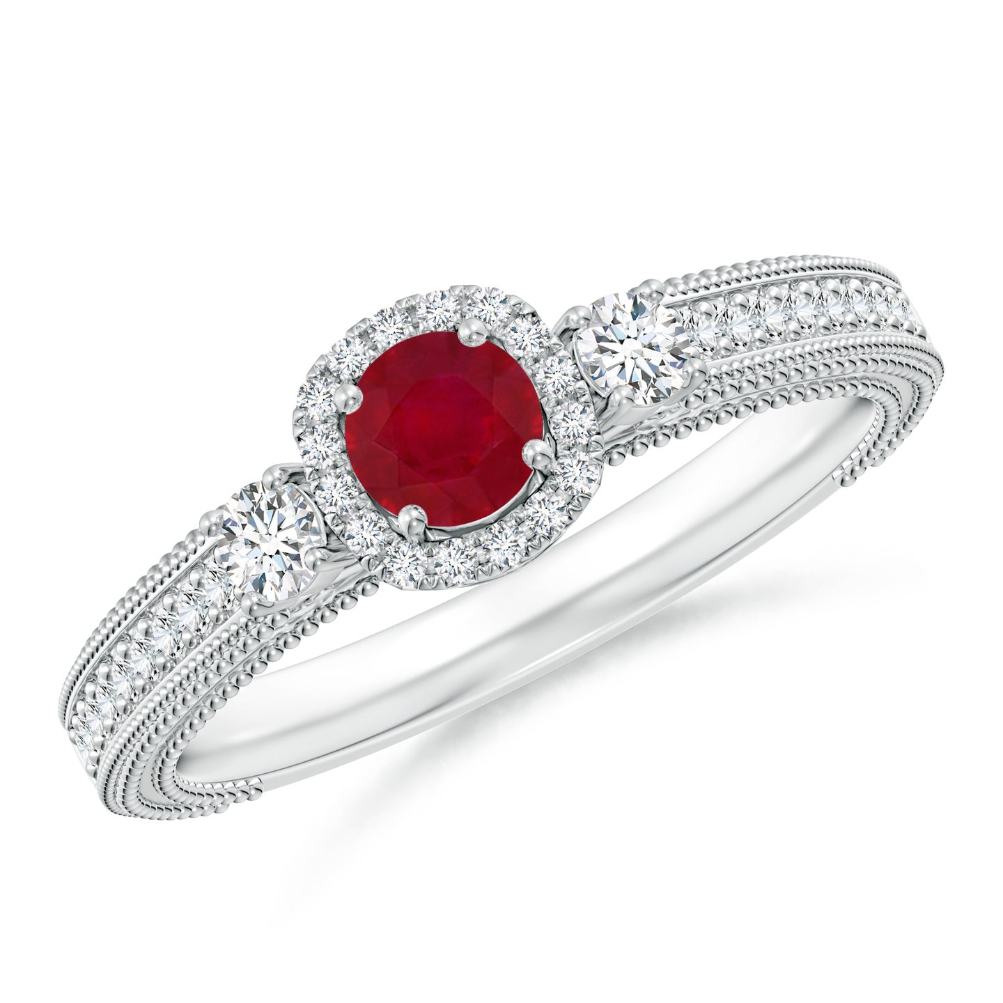 Vintage Inspired Round Ruby Halo Ring With Filigree
