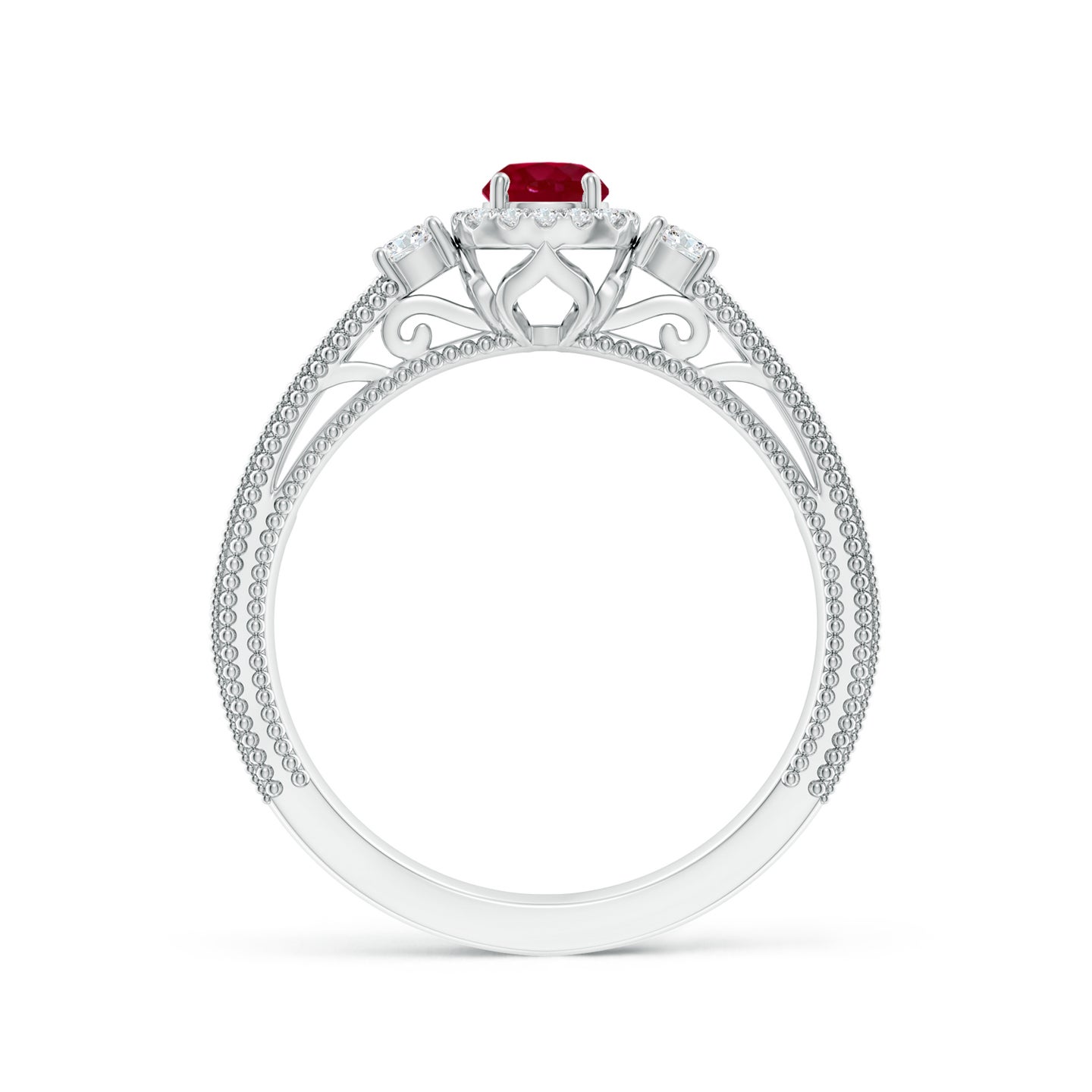 Vintage Inspired Round Ruby Halo Ring With Filigree