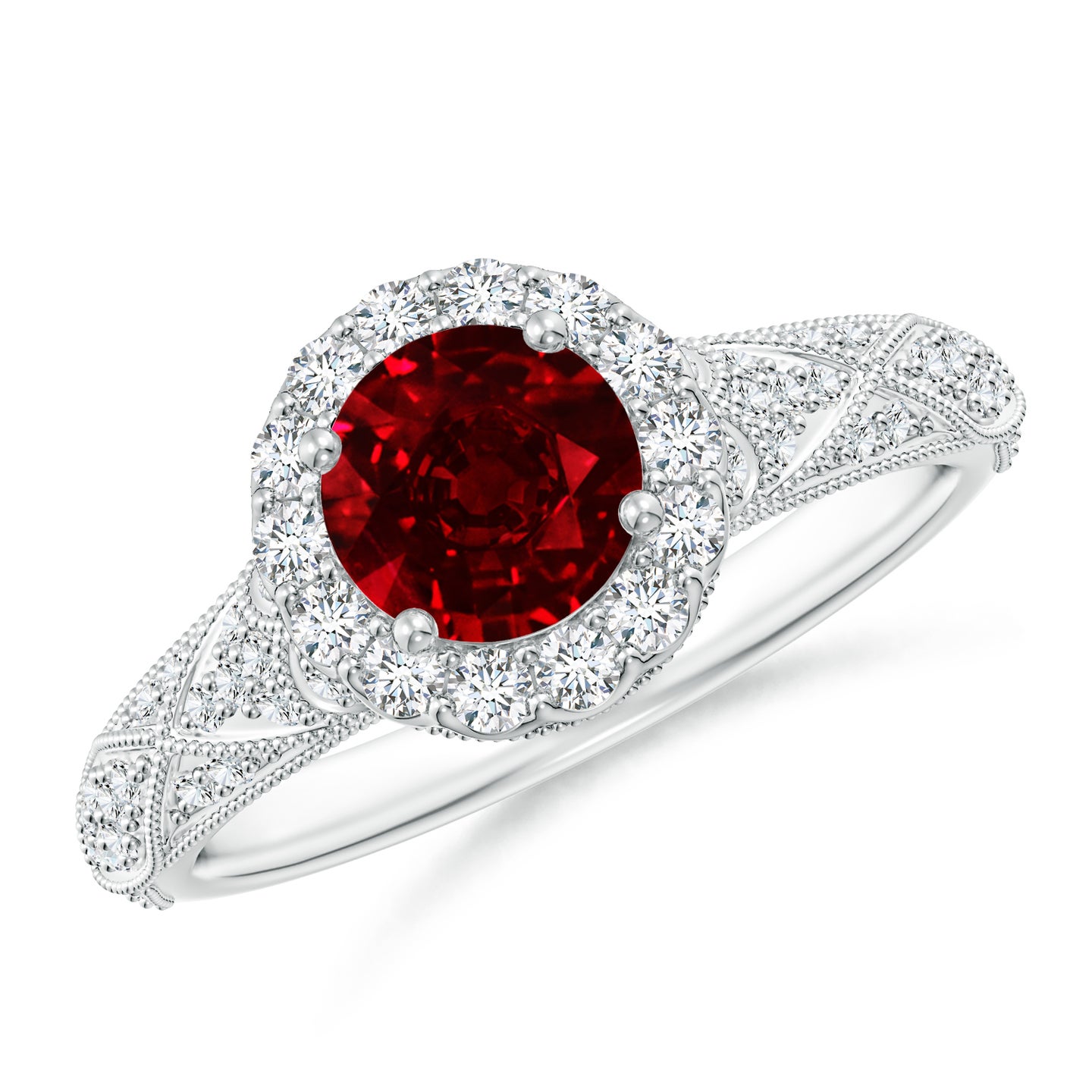 Vintage Inspired Round Ruby Halo Ring with Ornate Shank | Angara India