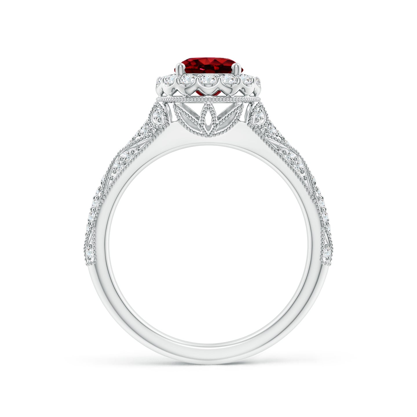 Vintage Inspired Round Ruby Halo Ring With Ornate Shank