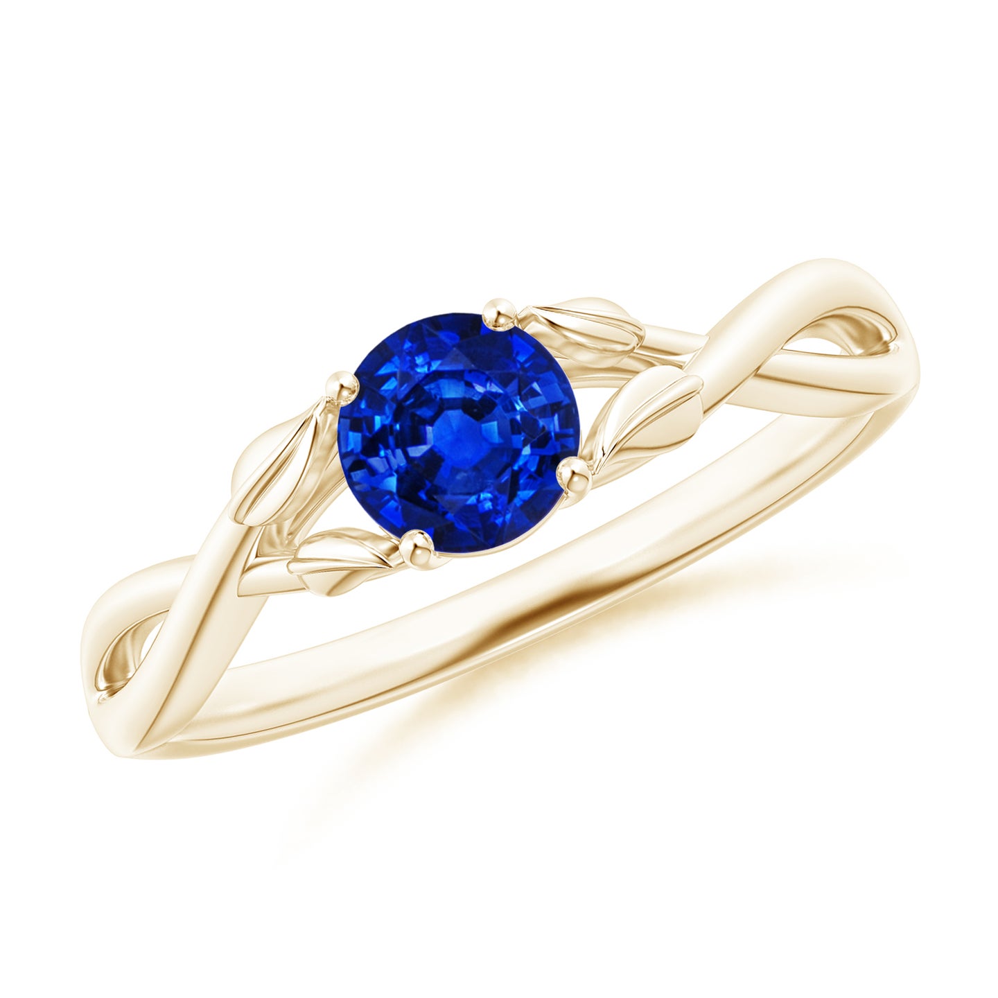 5mm AAAA Nature Inspired Blue Sapphire Crossover Ring with Leaf Motifs in Yellow Gold 5mm AAAA Nature Inspired Blue Sapphire Crossover Ring with Leaf Motifs in Yellow Gold