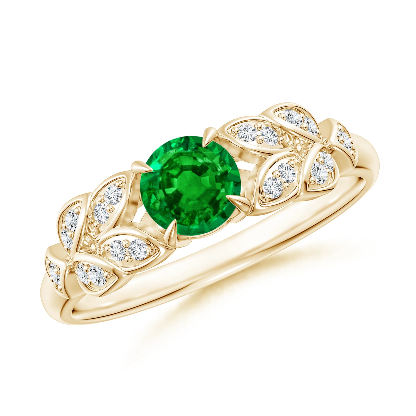 5mm AAAA Nature Inspired Round Emerald Leaf Shank Ring in Yellow Gold 5mm AAAA Nature Inspired Round Emerald Leaf Shank Ring in Yellow Gold