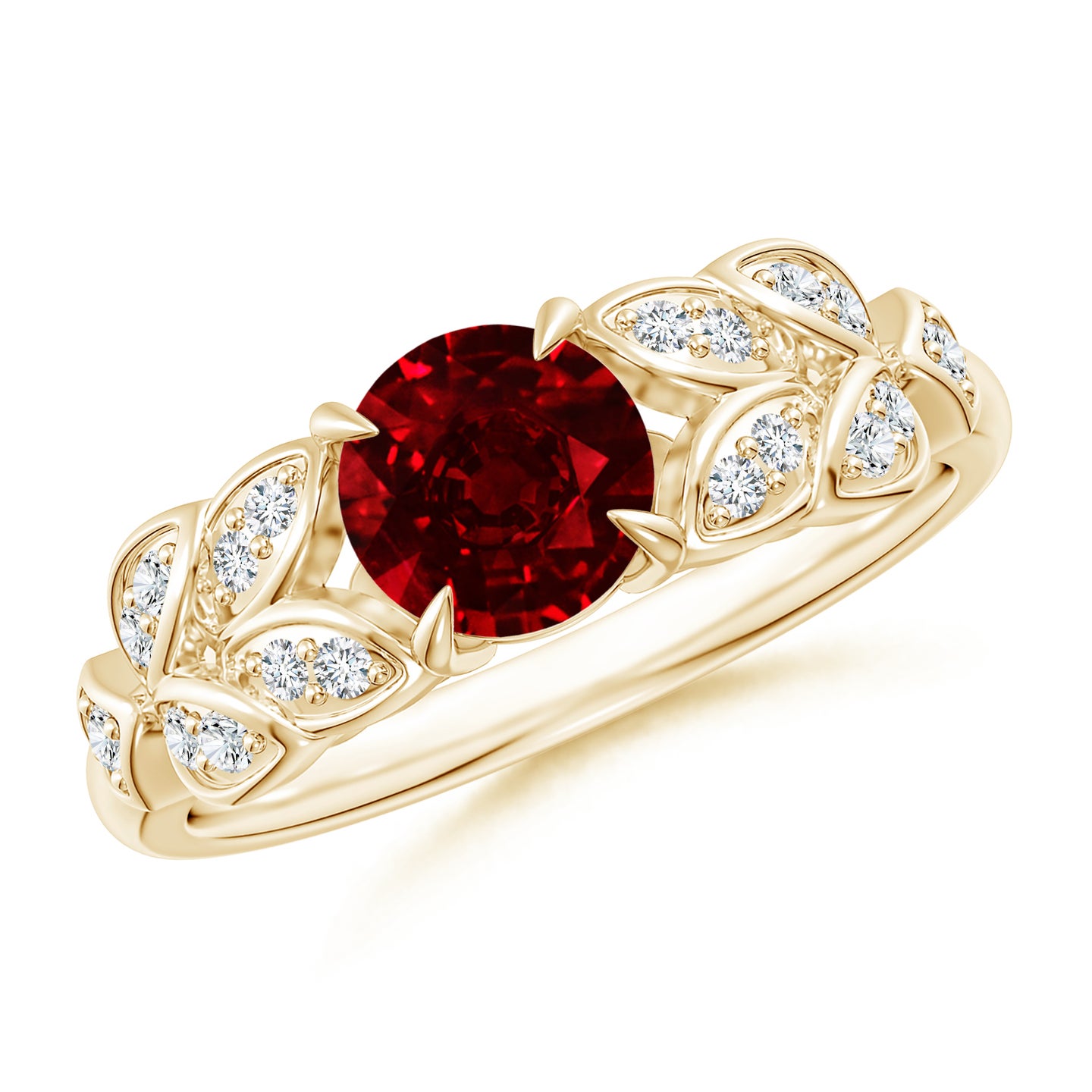 Nature Inspired Round Ruby Leaf Shank Ring